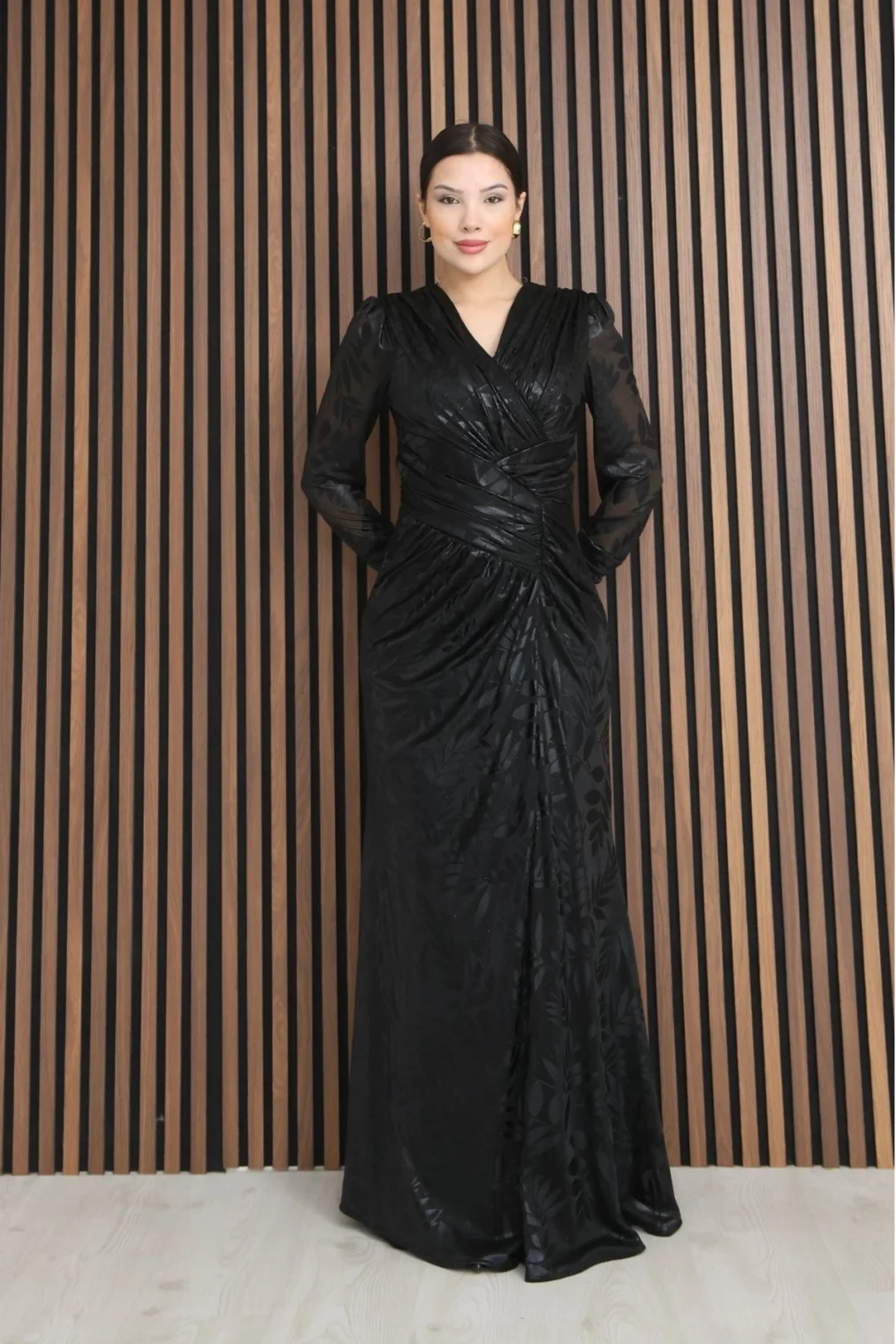 Kruvaze Yaka Bel Pileli Yırtmaçlı Abiye Elbise 2330-Siyah