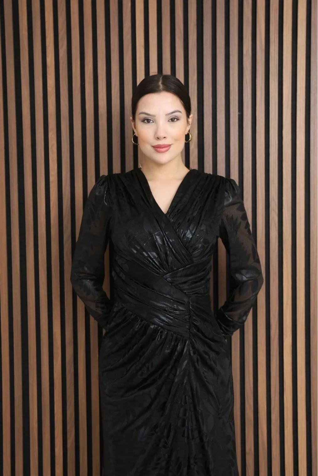 Kruvaze Yaka Bel Pileli Yırtmaçlı Abiye Elbise 2330-Siyah