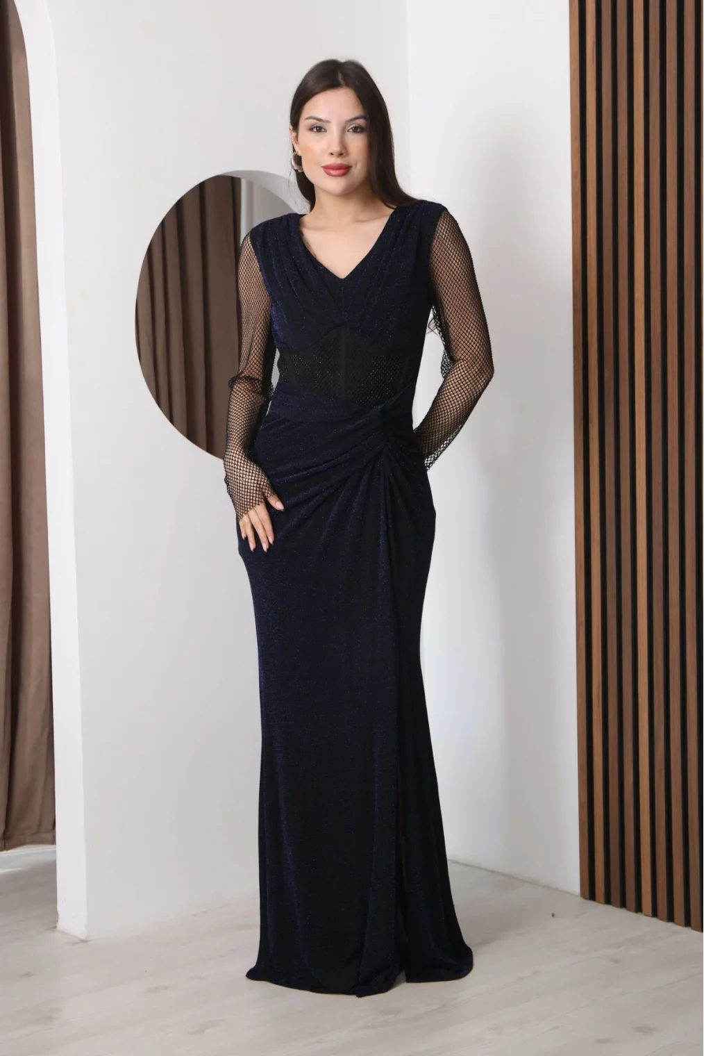 V Yaka File Detaylı Pileli Uzun Abiye Elbise 2350-Lacivert