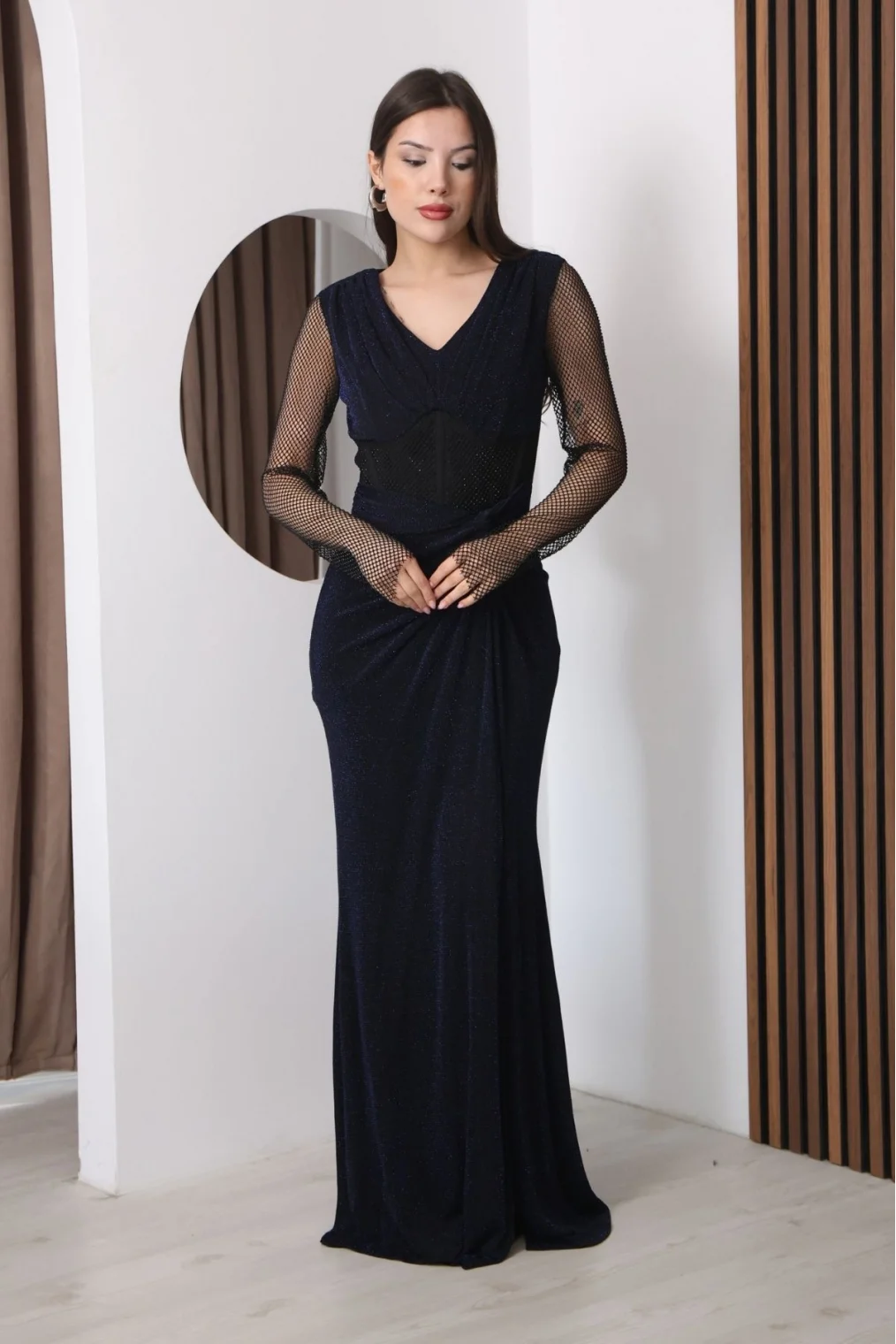 V Yaka File Detaylı Pileli Uzun Abiye Elbise 2350-Lacivert