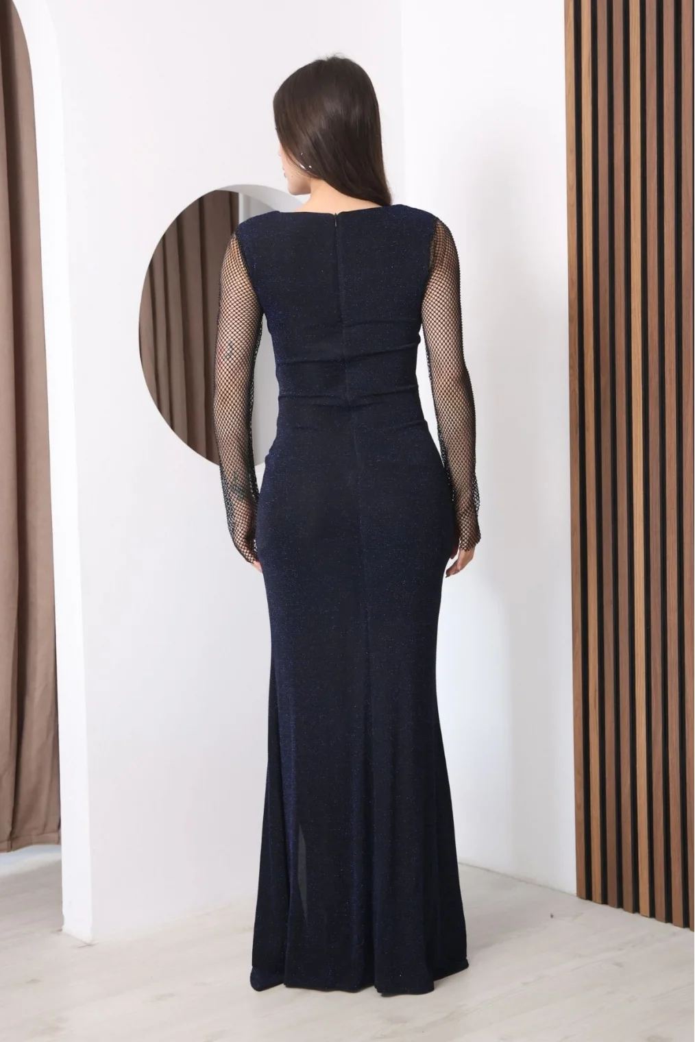 V Yaka File Detaylı Pileli Uzun Abiye Elbise 2350-Lacivert