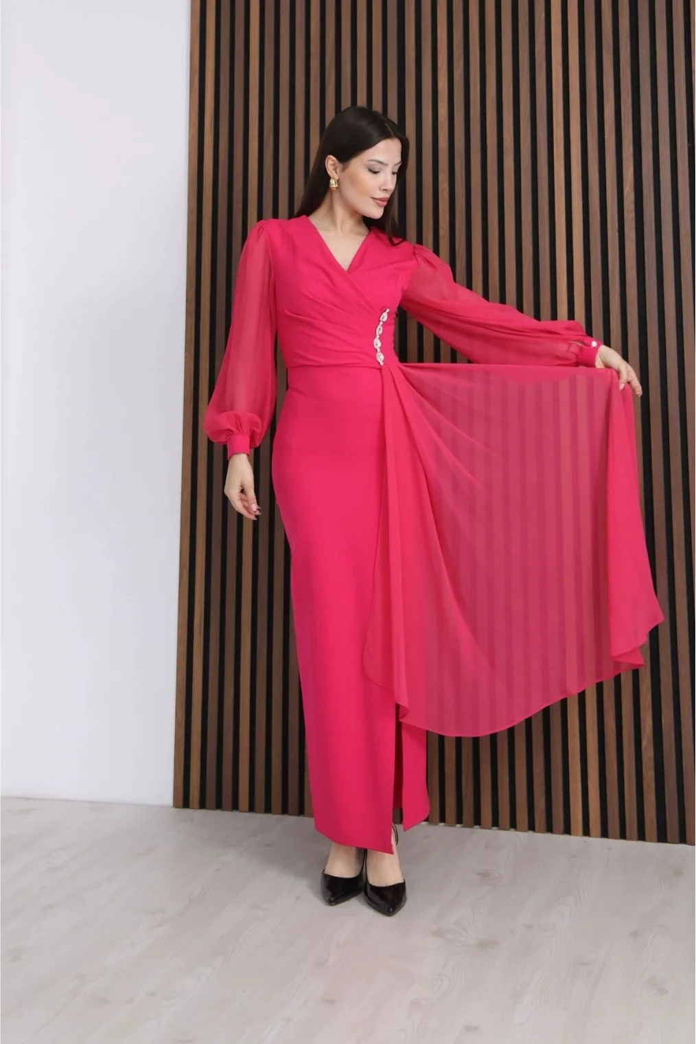 Kruvaze Yaka Şifon Kollu Bel Detaylı Pileli Uzun Abiye Elbise  ÖLÇÜ BAK