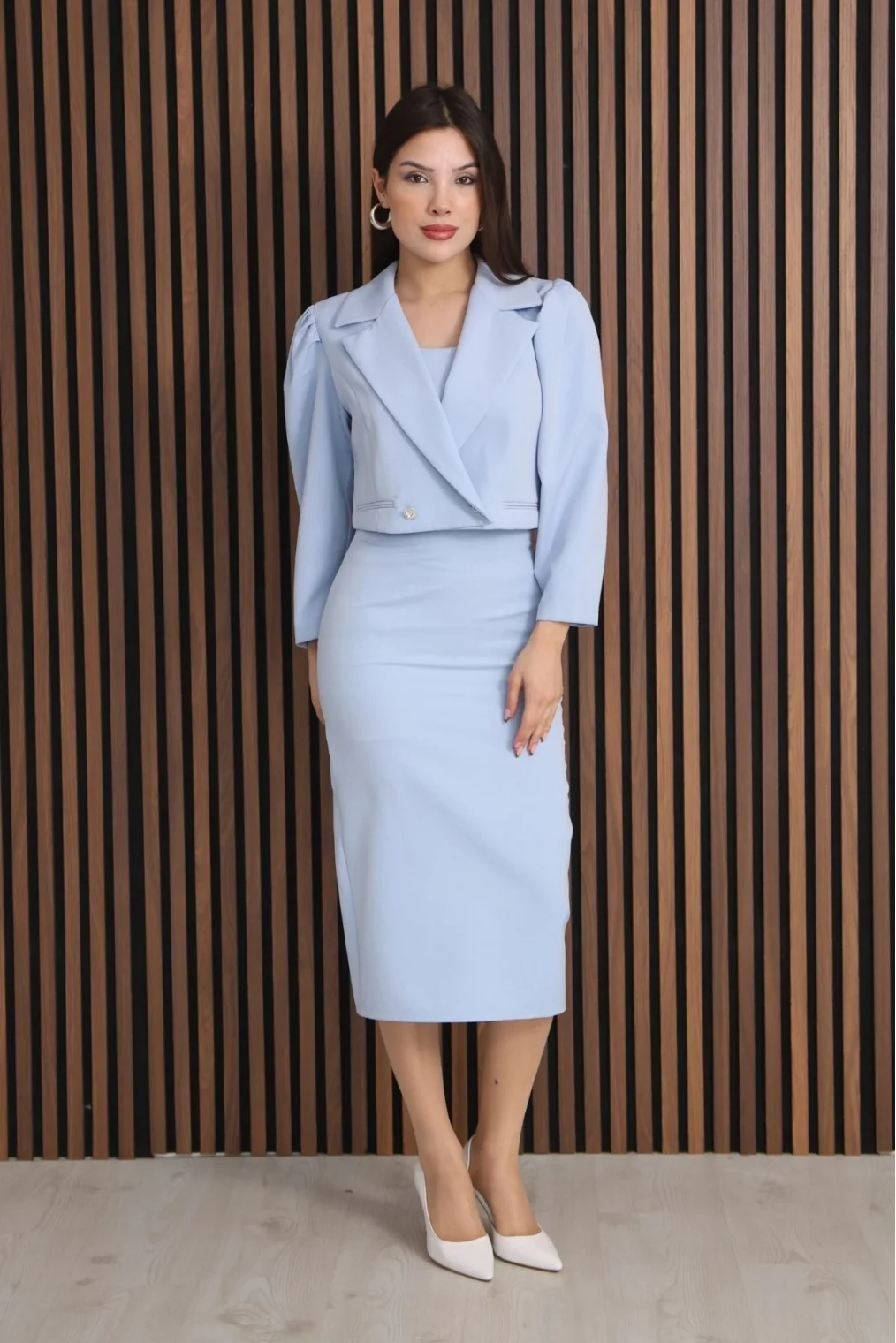 Kruvaze Yaka Crop Ceketli Kalem Elbise Takım 2291-Bebe Mavisi