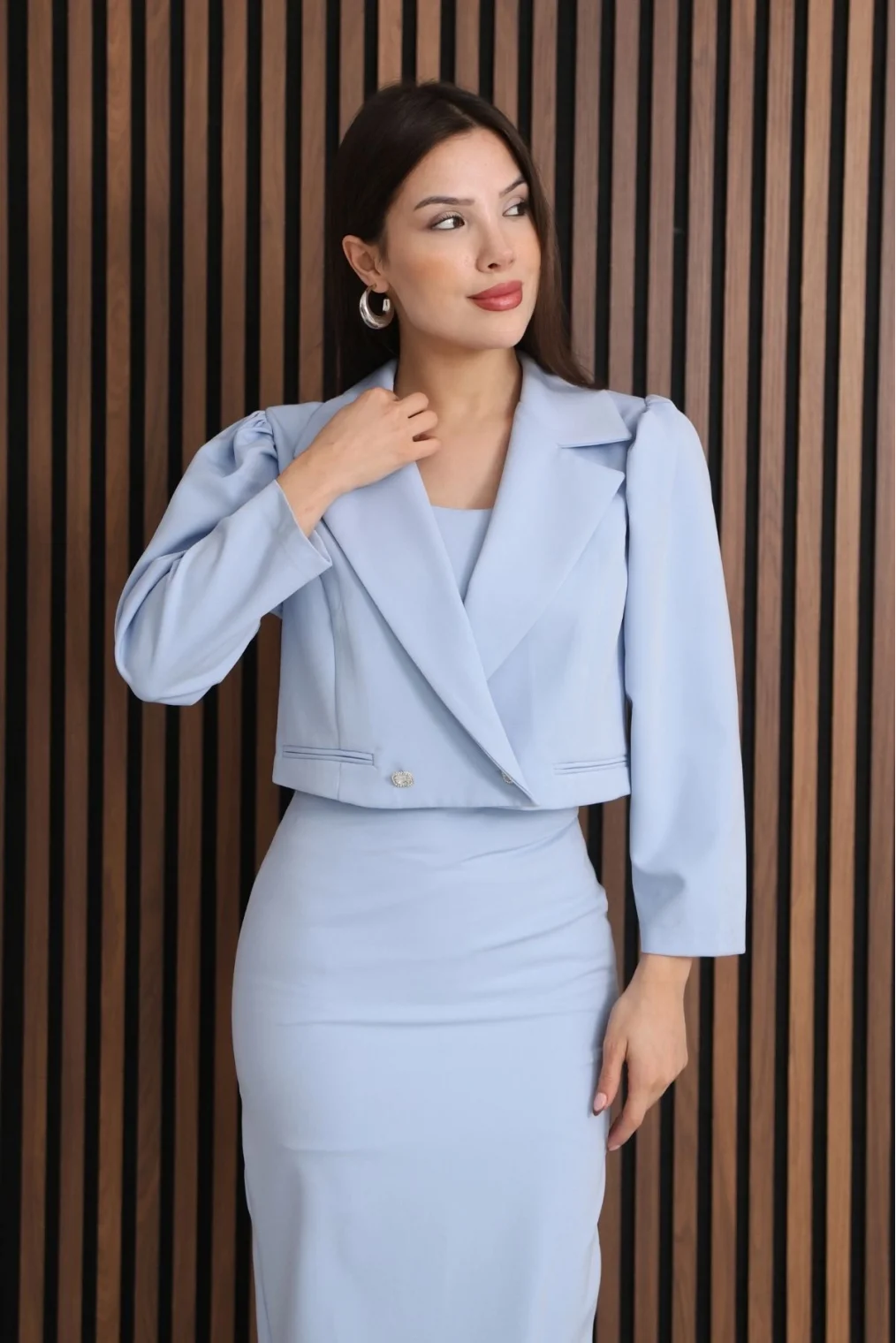 Kruvaze Yaka Crop Ceketli Kalem Elbise Takım 2291-Bebe Mavisi