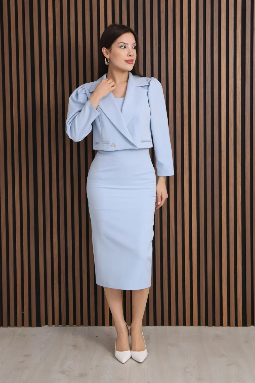 Kruvaze Yaka Crop Ceketli Kalem Elbise Takım 2291-Bebe Mavisi