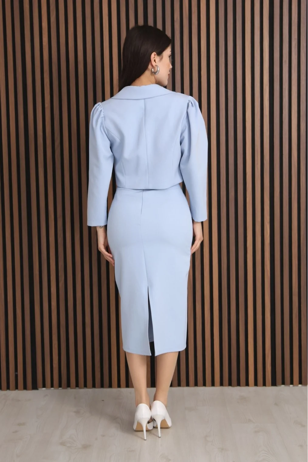 Kruvaze Yaka Crop Ceketli Kalem Elbise Takım 2291-Bebe Mavisi