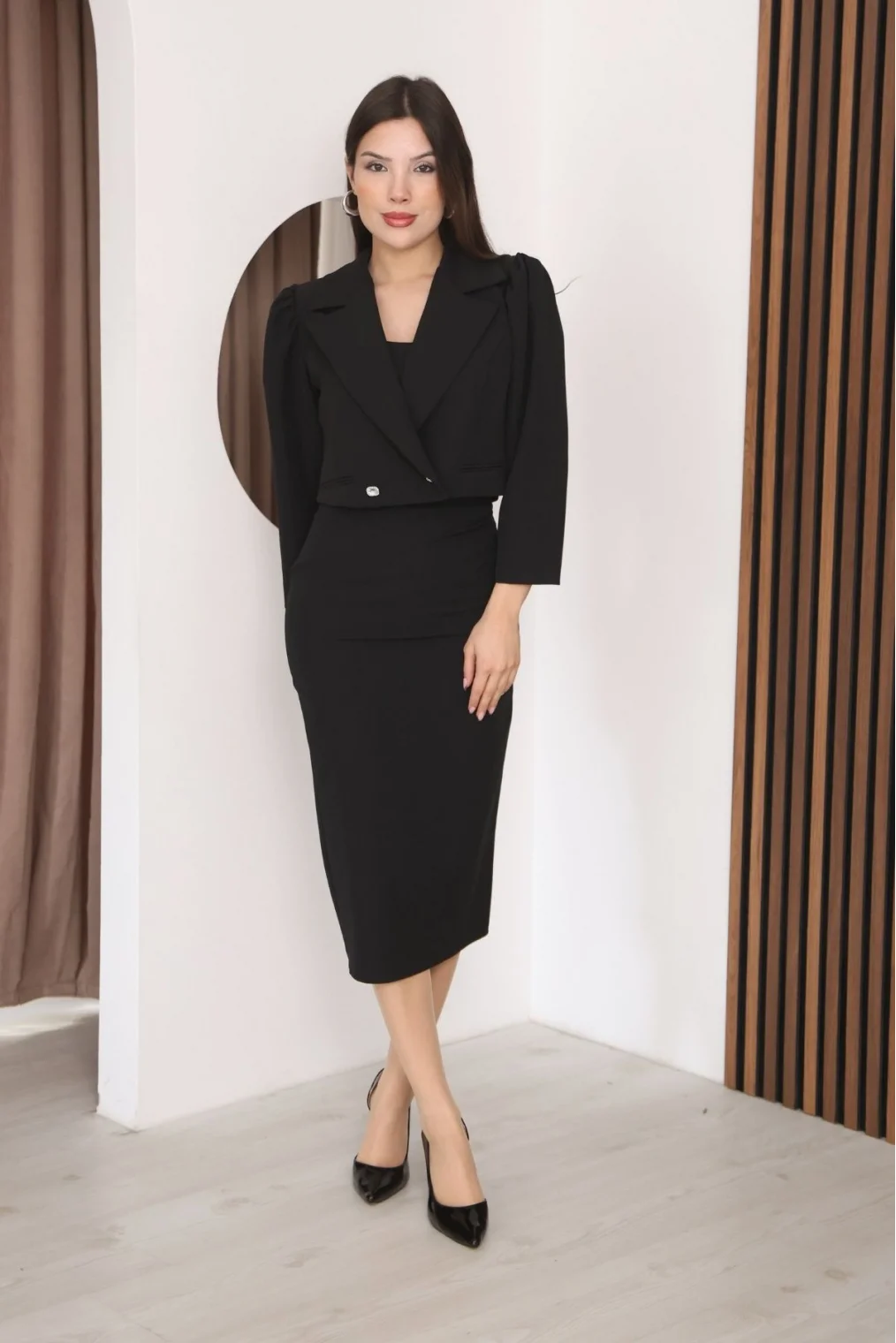 Kruvaze Yaka Crop Ceketli Kalem Elbise Takım  ÖLÇÜ BAK