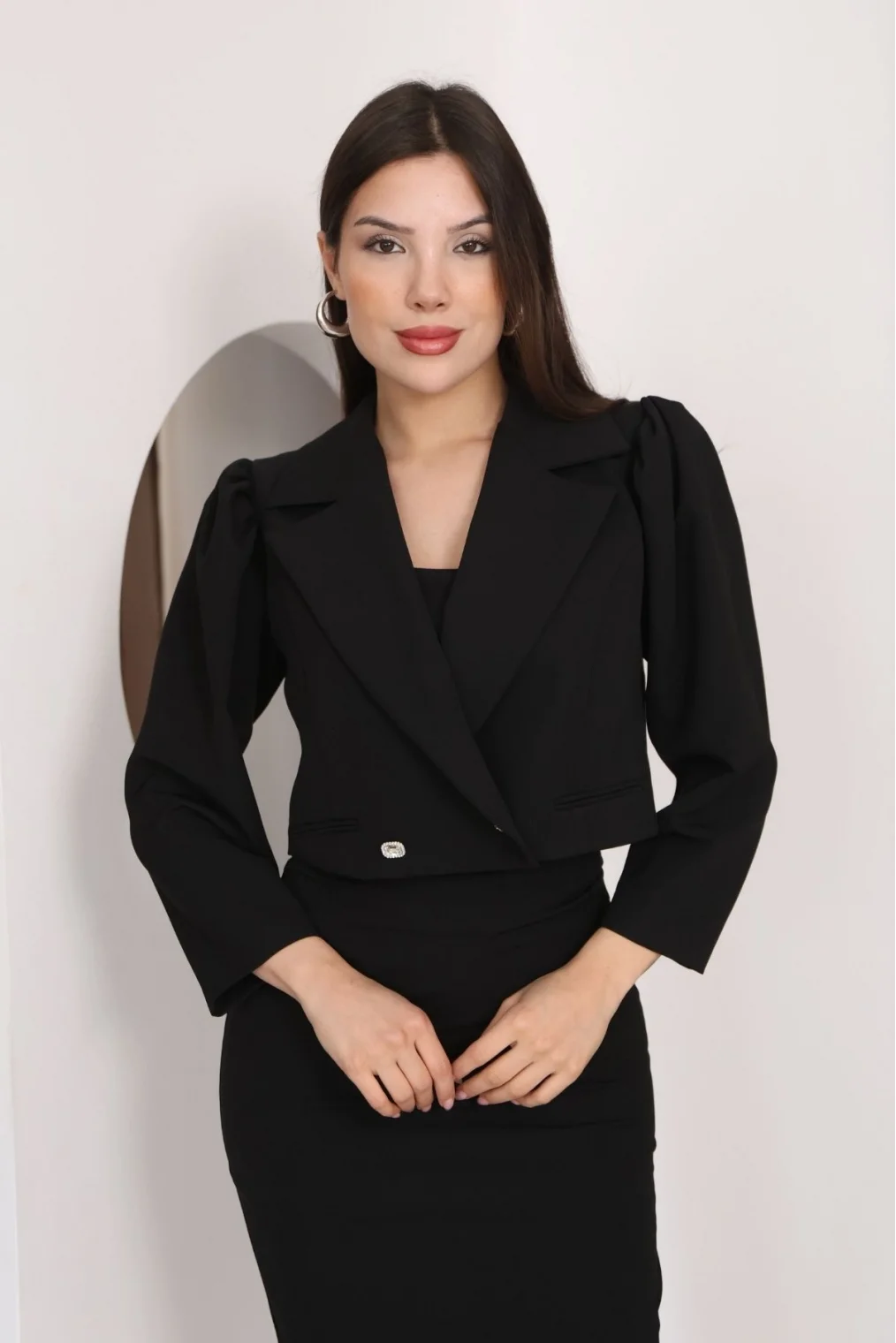 Kruvaze Yaka Crop Ceketli Kalem Elbise Takım 2291-Siyah