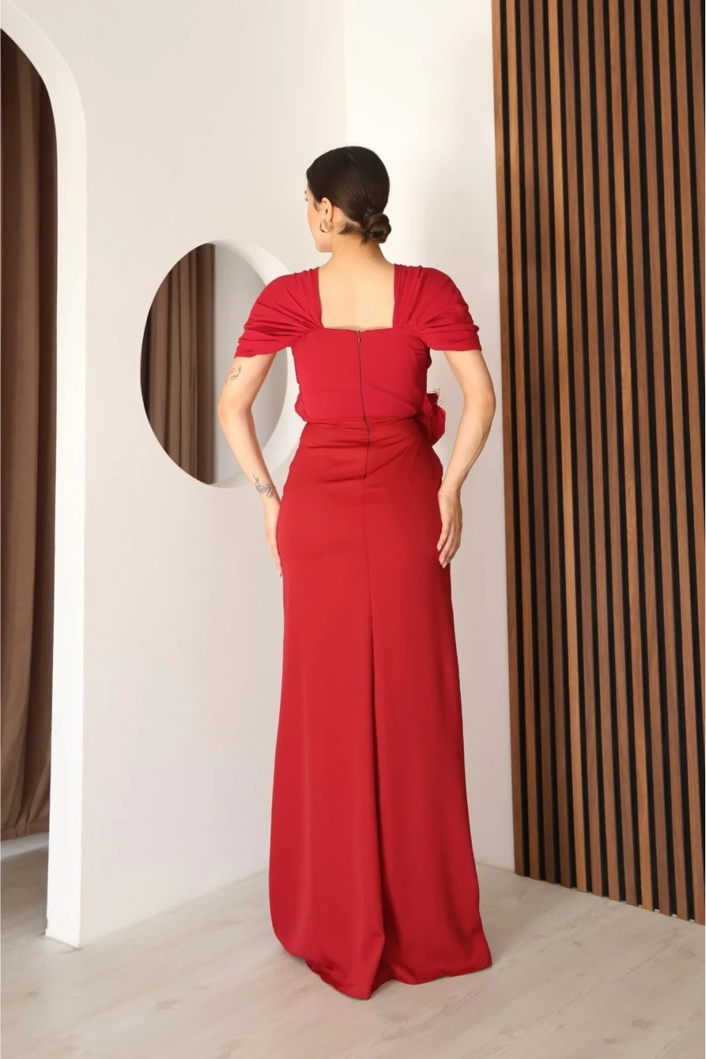 Piliseli ve Şifon Detaylı Uzun Abiye Elbise 2391-Kırmızı