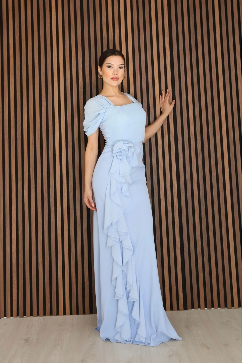 Piliseli ve Şifon Detaylı Uzun Abiye Elbise 2391-Bebe Mavisi