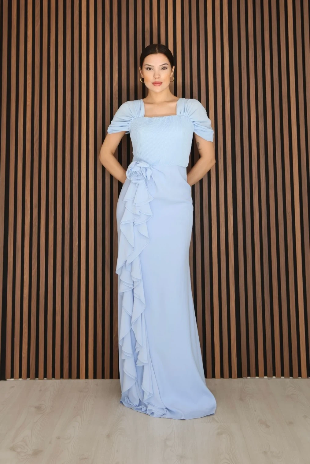 Piliseli ve Şifon Detaylı Uzun Abiye Elbise 2391-Bebe Mavisi