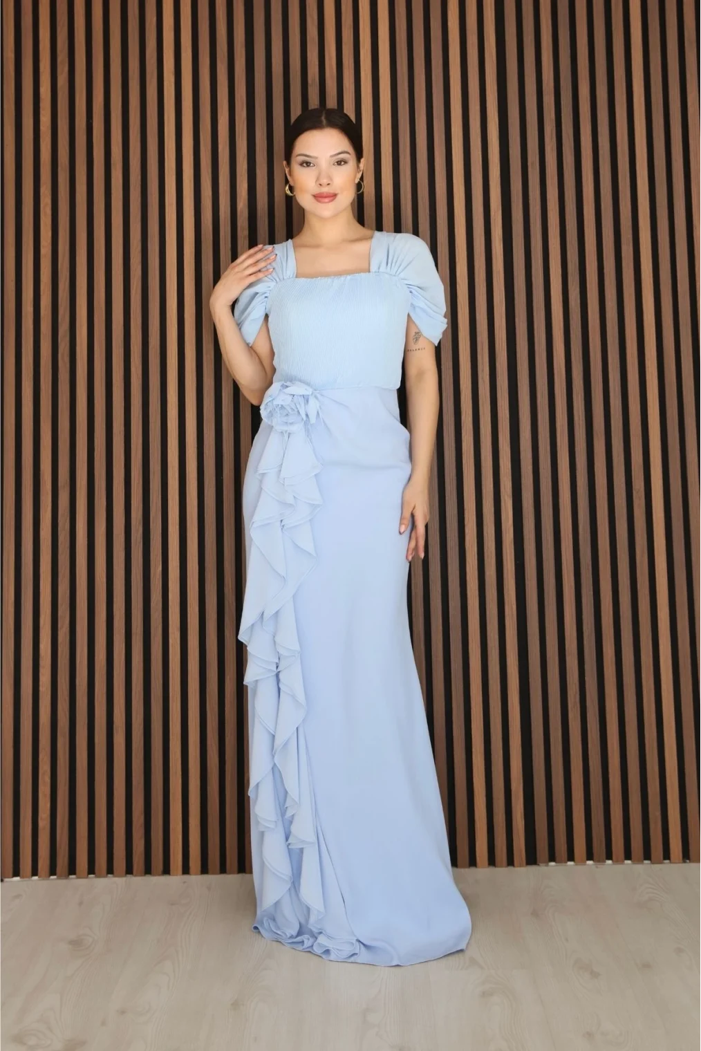 Piliseli ve Şifon Detaylı Uzun Abiye Elbise 2391-Bebe Mavisi