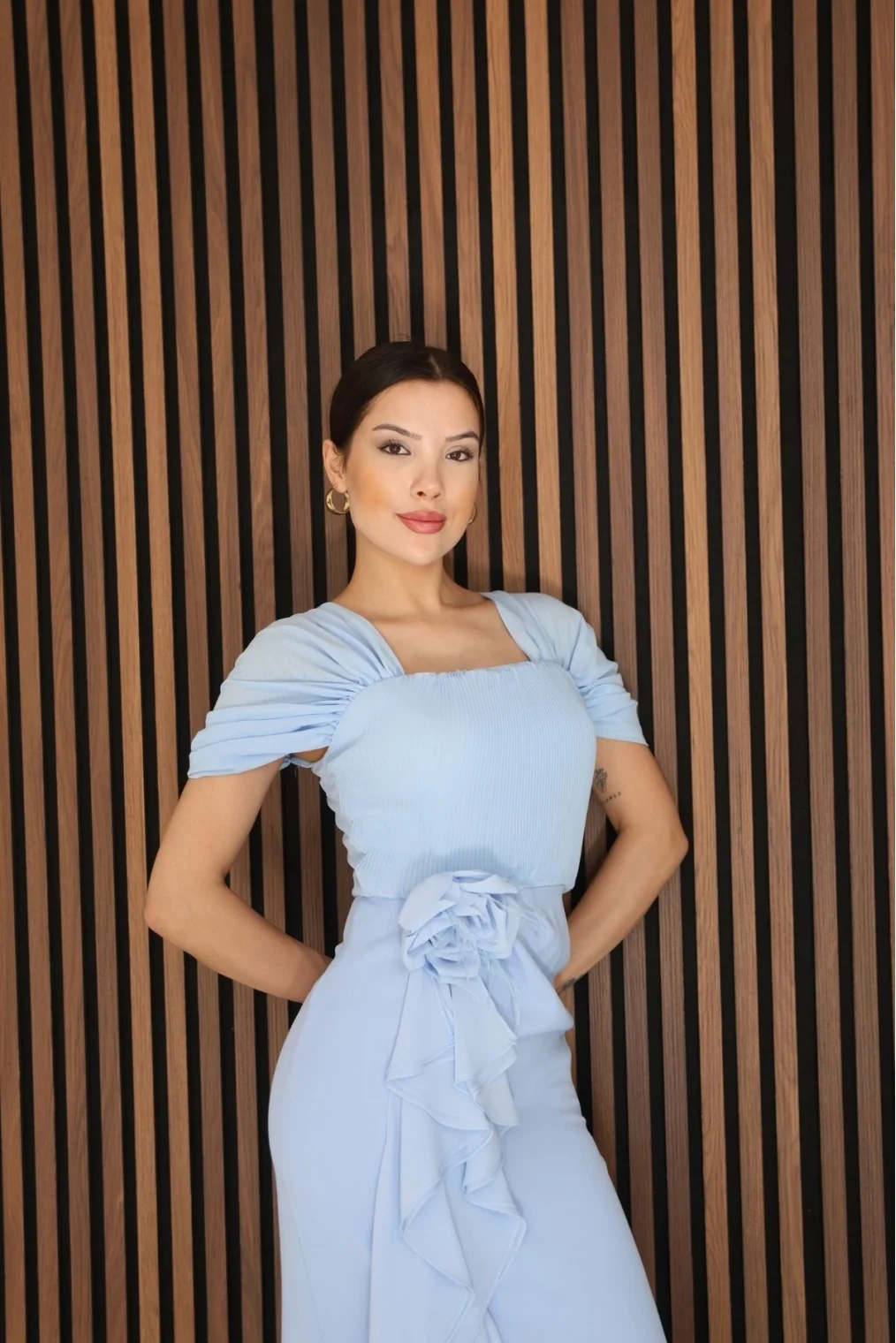 Piliseli ve Şifon Detaylı Uzun Abiye Elbise 2391-Bebe Mavisi