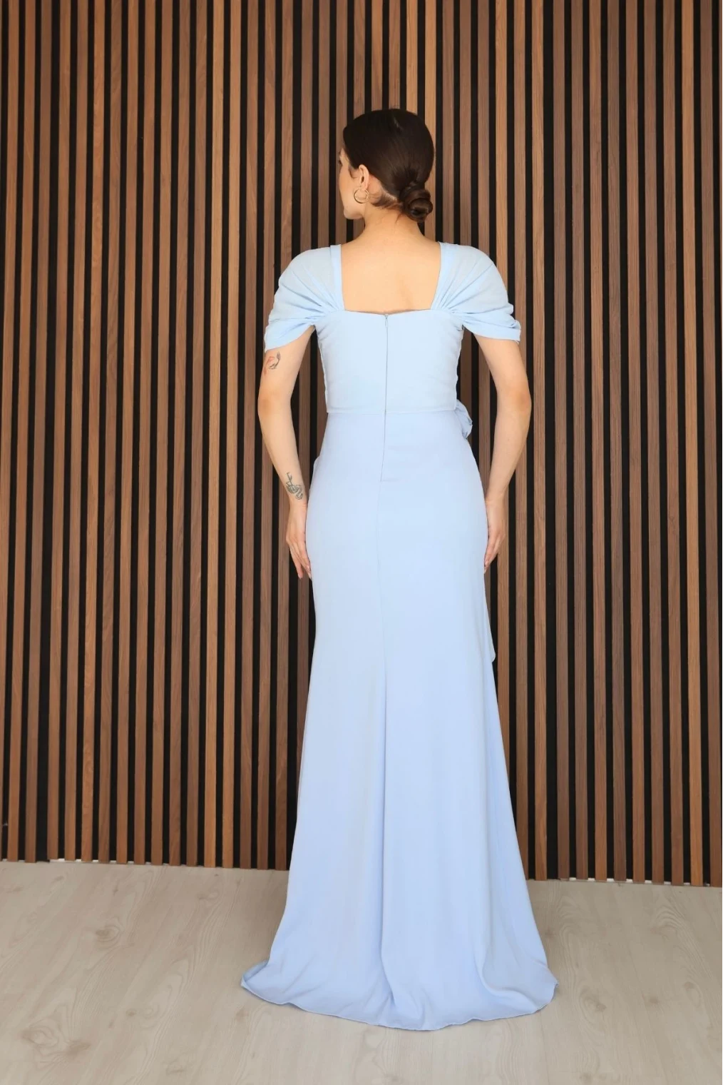 Piliseli ve Şifon Detaylı Uzun Abiye Elbise 2391-Bebe Mavisi