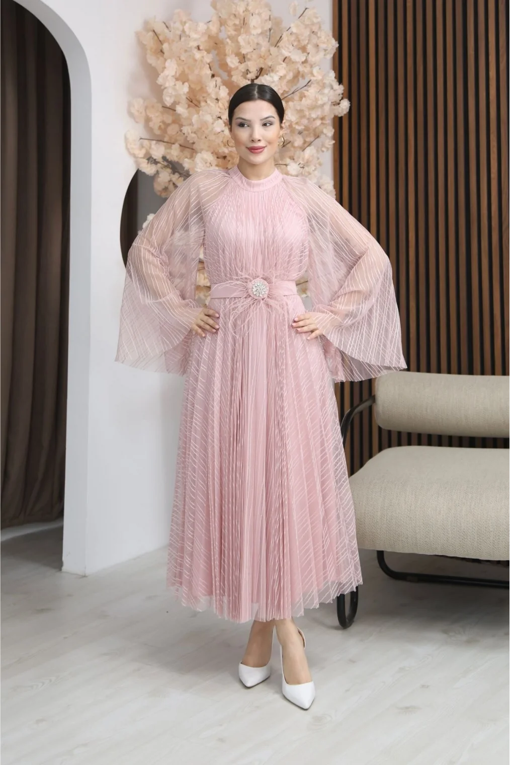 Pilise Detaylı Kemerli Rahat Form Tül Elbise 2305-Pudra