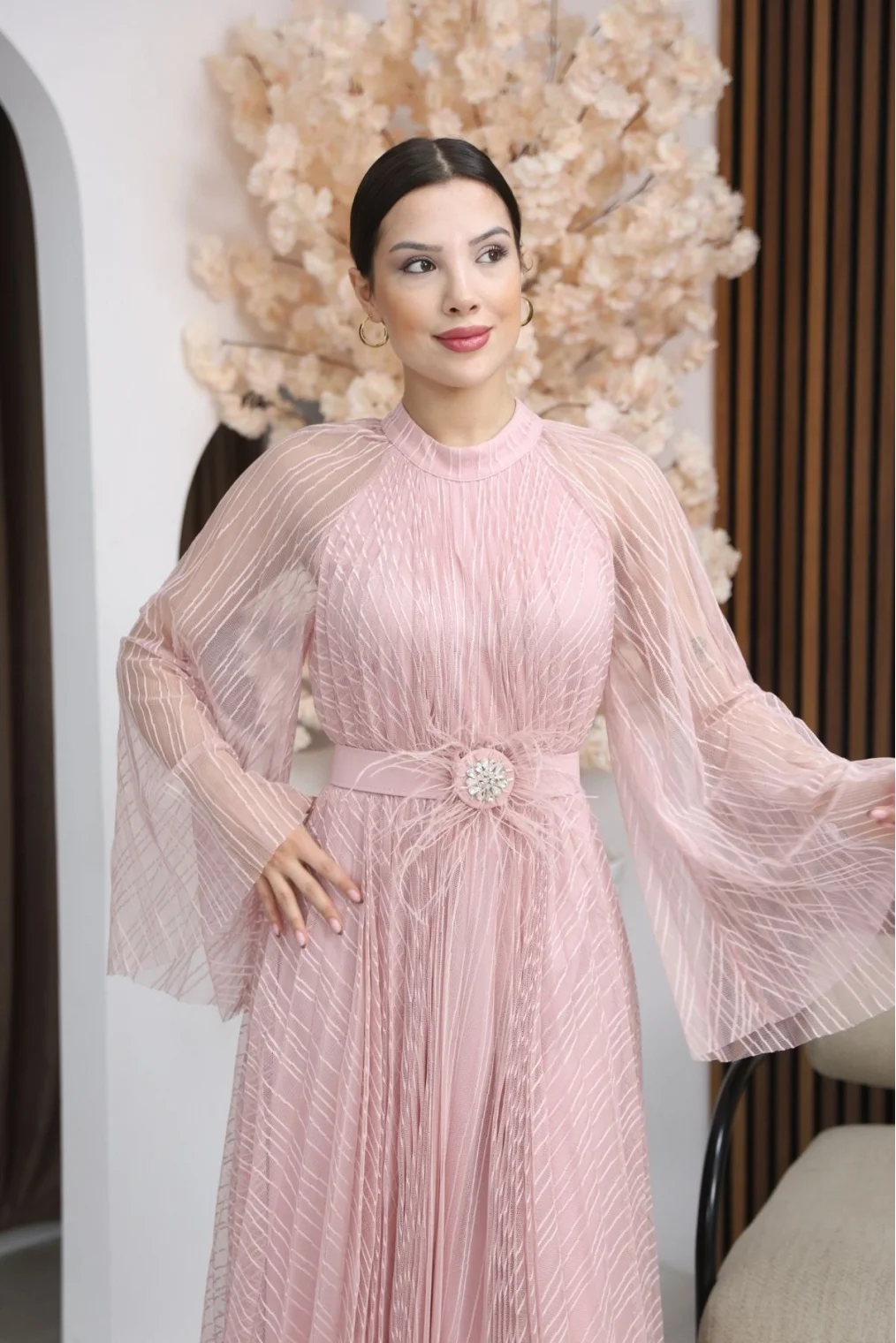 Pilise Detaylı Kemerli Rahat Form Tül Elbise 2305-Pudra