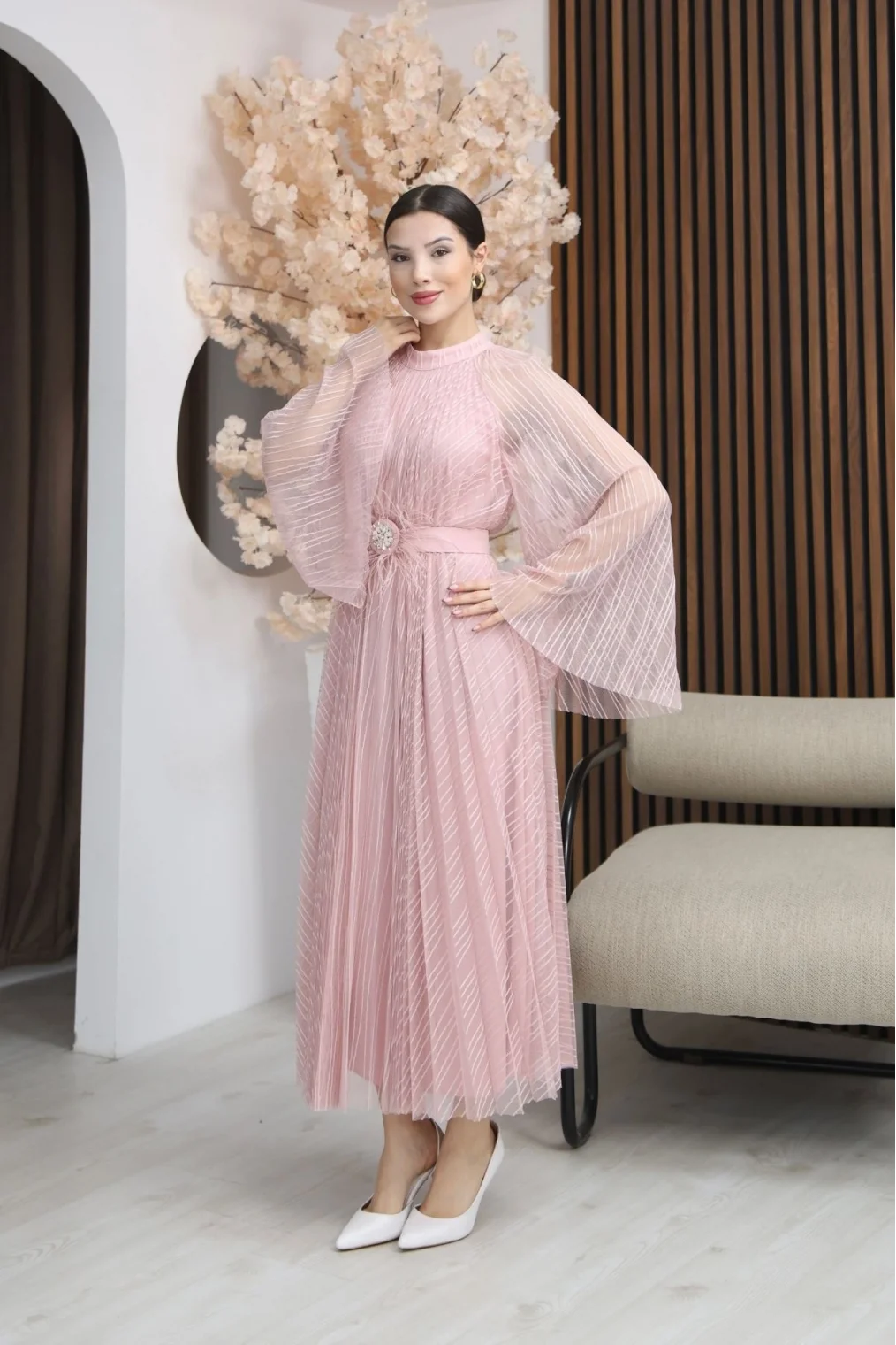 Pilise Detaylı Kemerli Rahat Form Tül Elbise 2305-Pudra