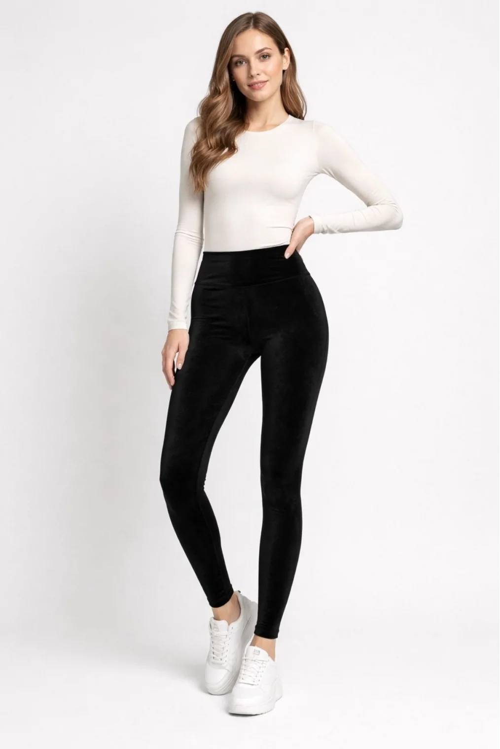 Yüksek Bel Toparlayıcı Düz Kadife Tayt 5010-Siyah