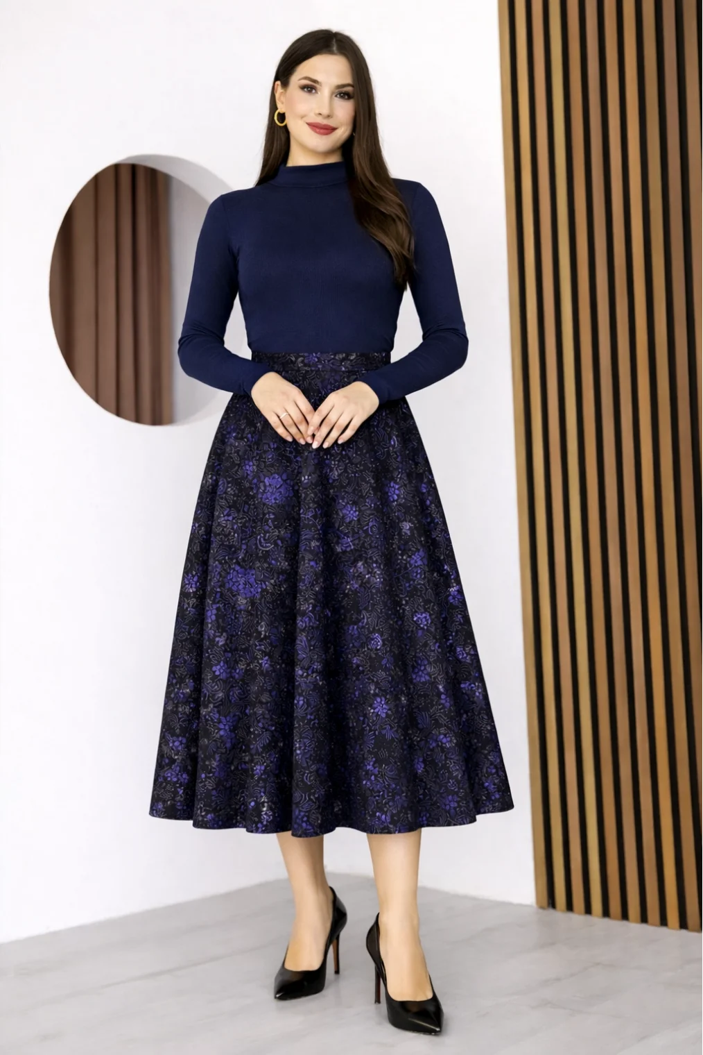 Baskılı ve Payetli Kadife Kloş Etek 6070-Siyah/İndigo