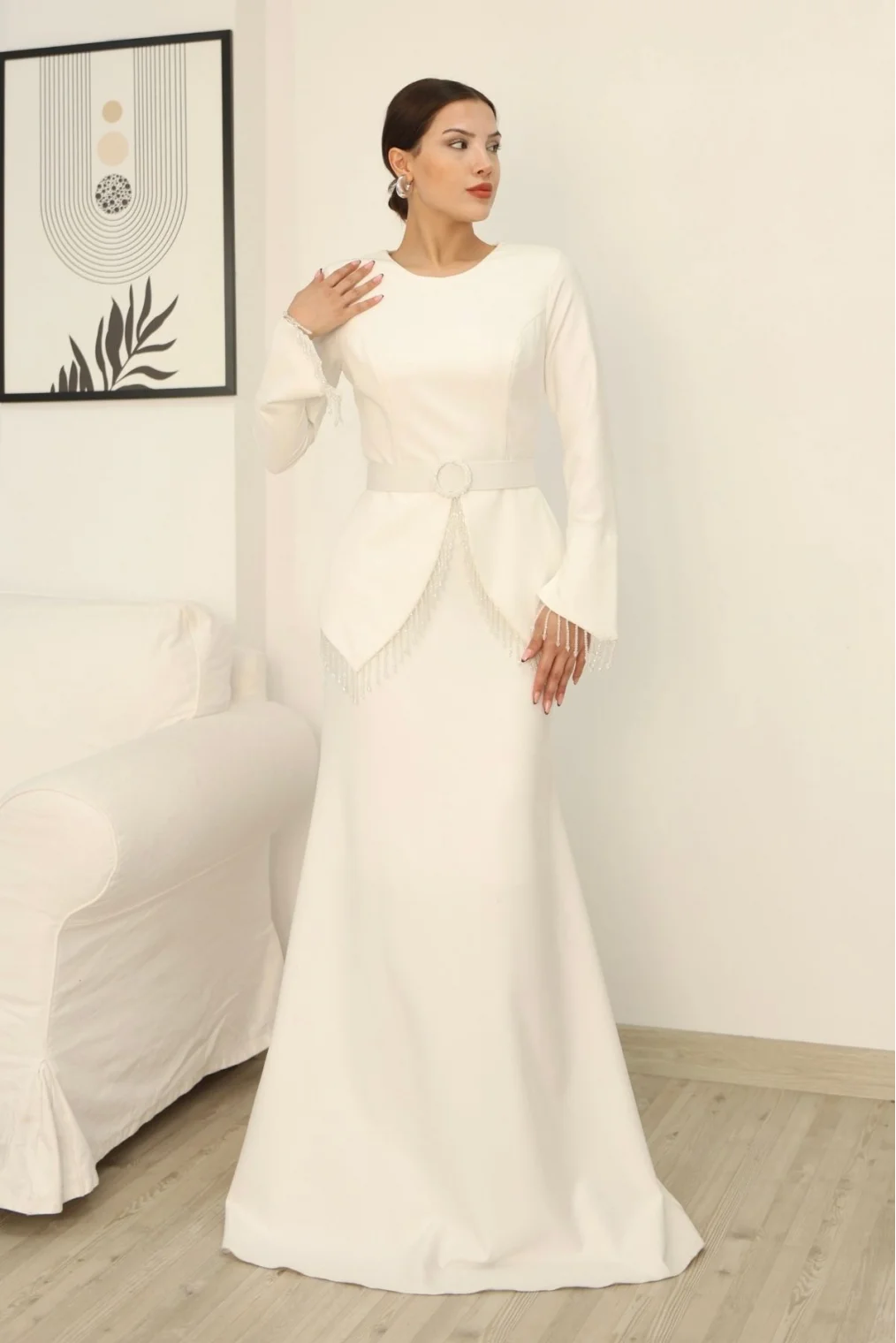 Boncuk Detaylı Kemerli Abiye Elbise 2302-Beyaz