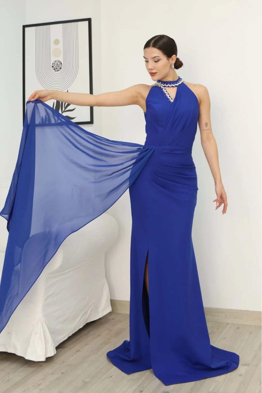 Taş Detaylı Pileli Abiye Elbise 2341-Saks