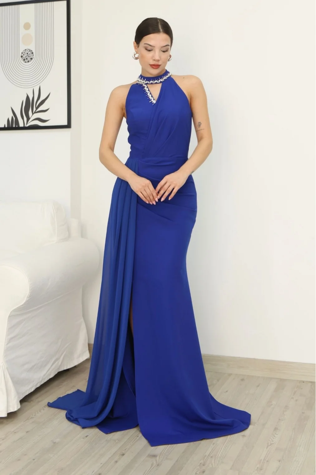 Taş Detaylı Pileli Abiye Elbise 2341-Saks