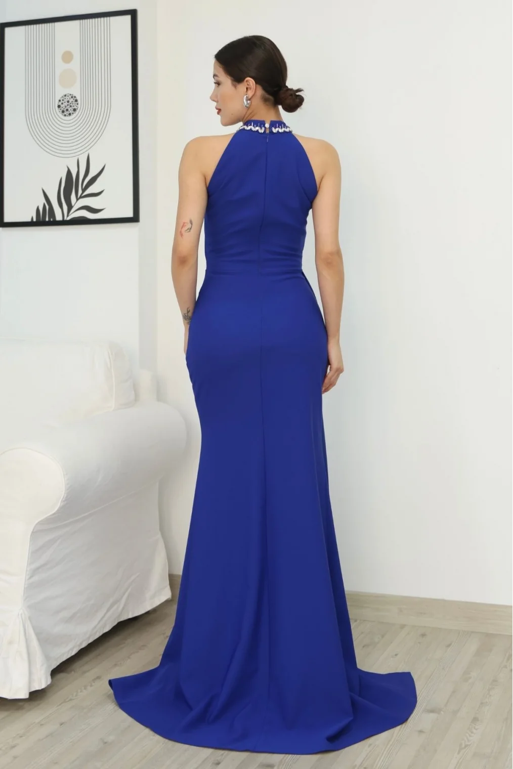 Taş Detaylı Pileli Abiye Elbise 2341-Saks