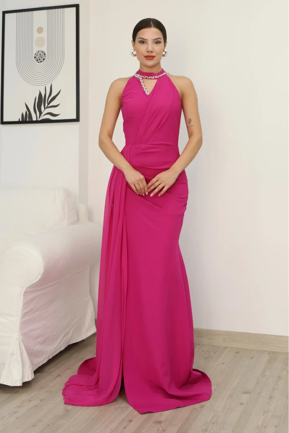 Taş Detaylı Pileli Abiye Elbise 2341-Fuşya