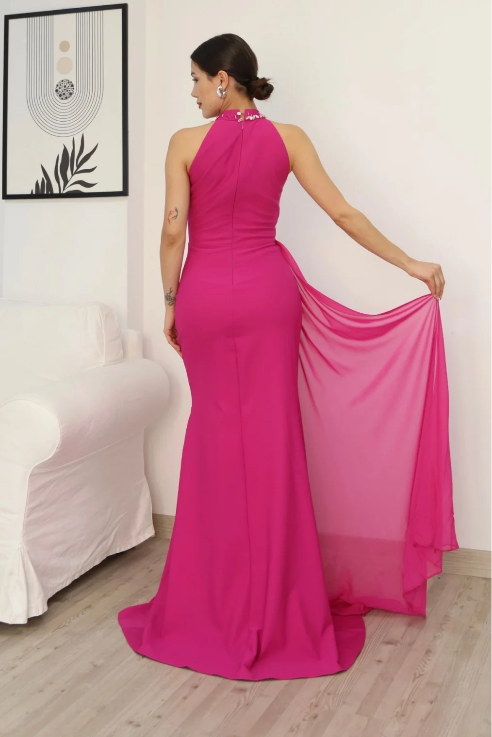 Taş Detaylı Pileli Abiye Elbise 2341-Fuşya