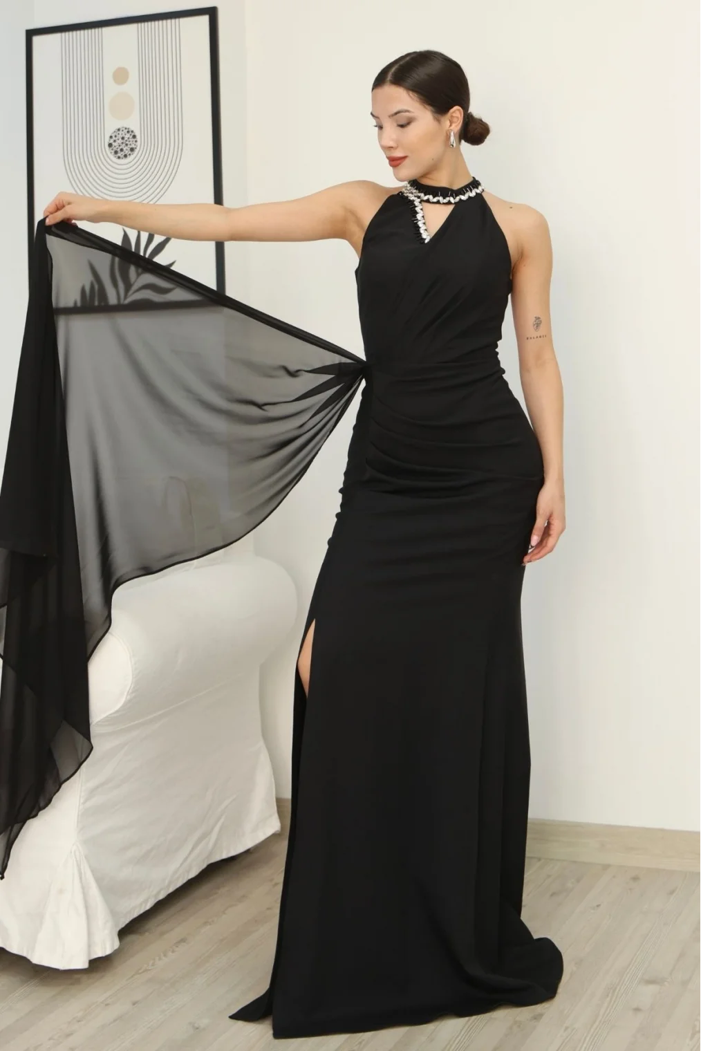 Taş Detaylı Pileli Abiye Elbise 2341-Siyah