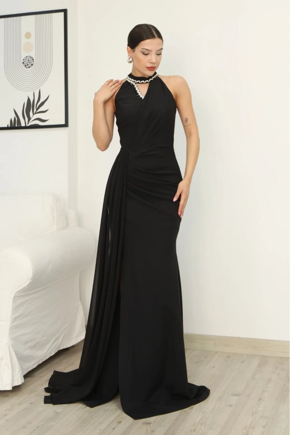 Taş Detaylı Pileli Abiye Elbise 2341-Siyah