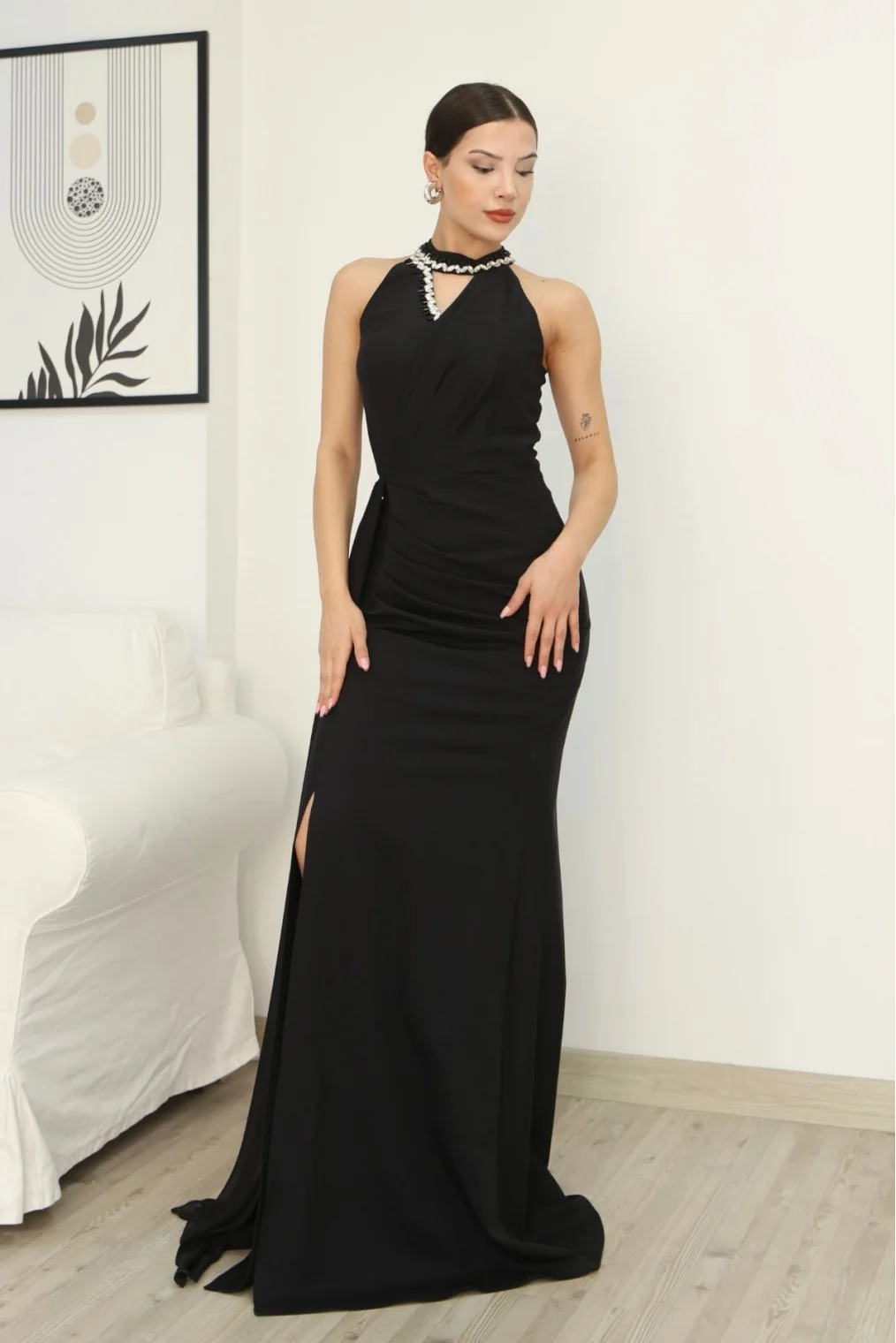 Taş Detaylı Pileli Abiye Elbise 2341-Siyah