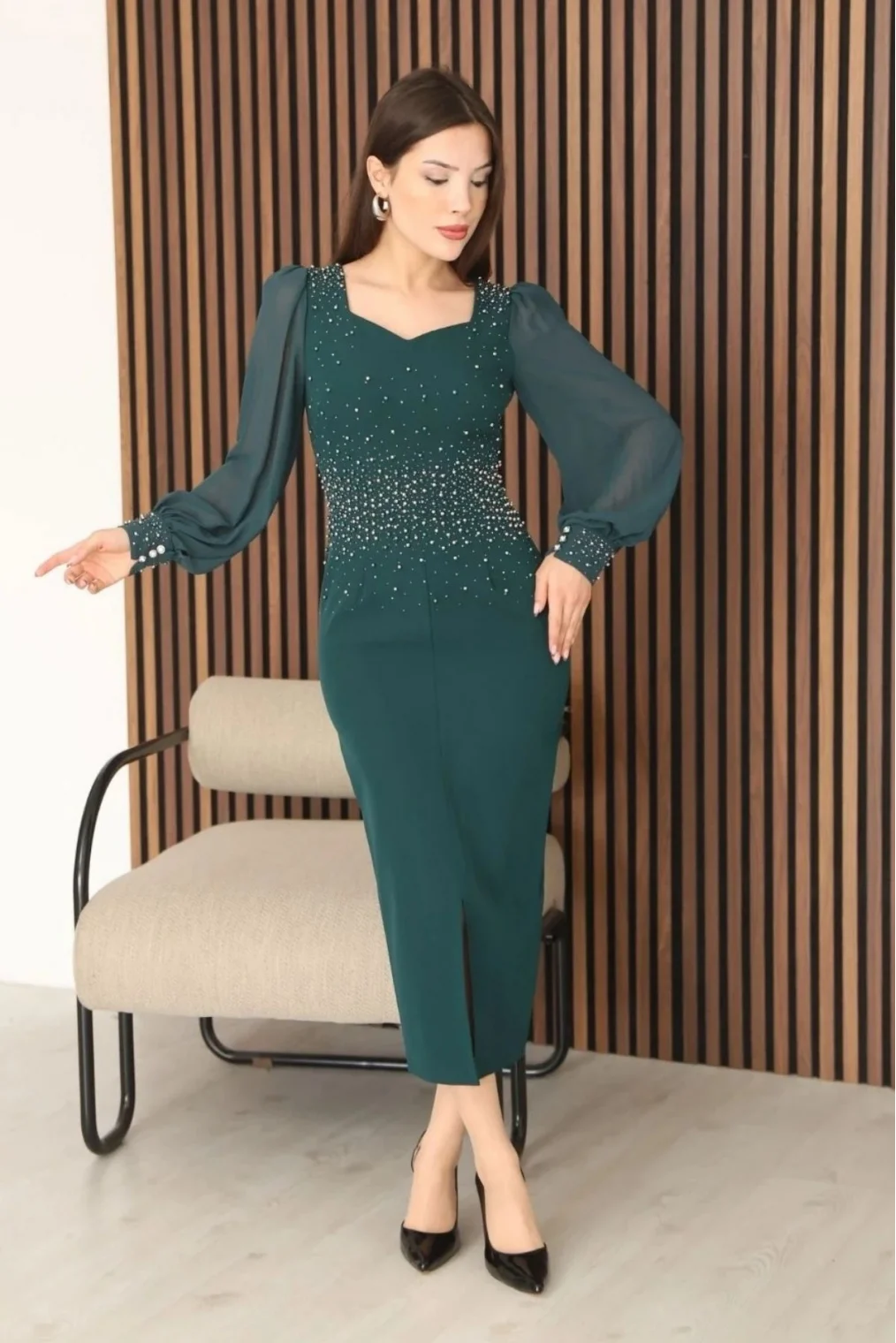 İnci ve Taş Süslemeli Balon Kol Kalem Midi Elbise 2096-Yeşil