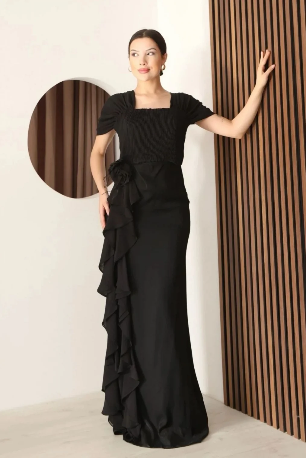 Piliseli ve Şifon Detaylı Uzun Abiye Elbise 2391-Siyah