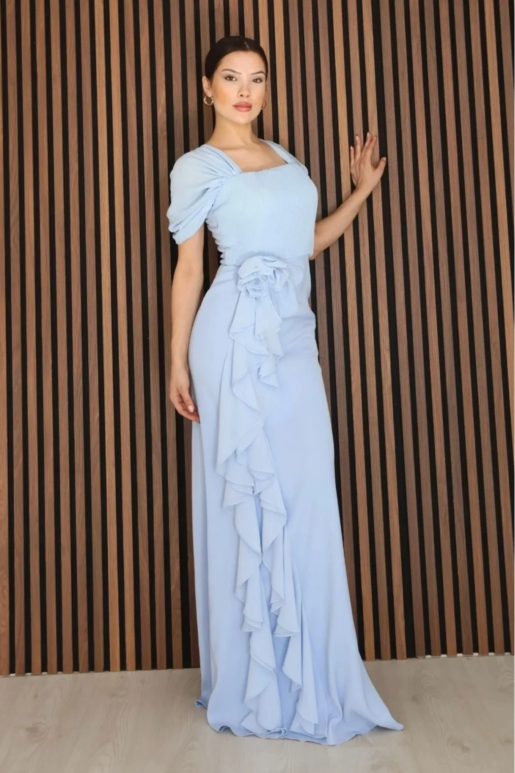 Piliseli ve Şifon Detaylı Uzun Abiye Elbise 2391-Bebe Mavisi