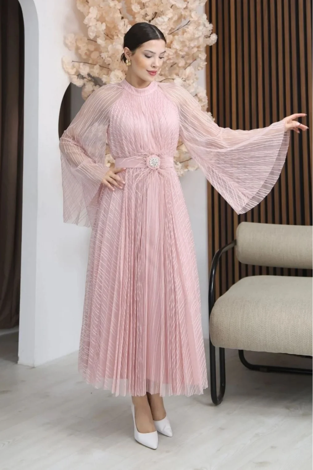 Pilise Detaylı Kemerli Rahat Form Tül Elbise 2305-Pudra