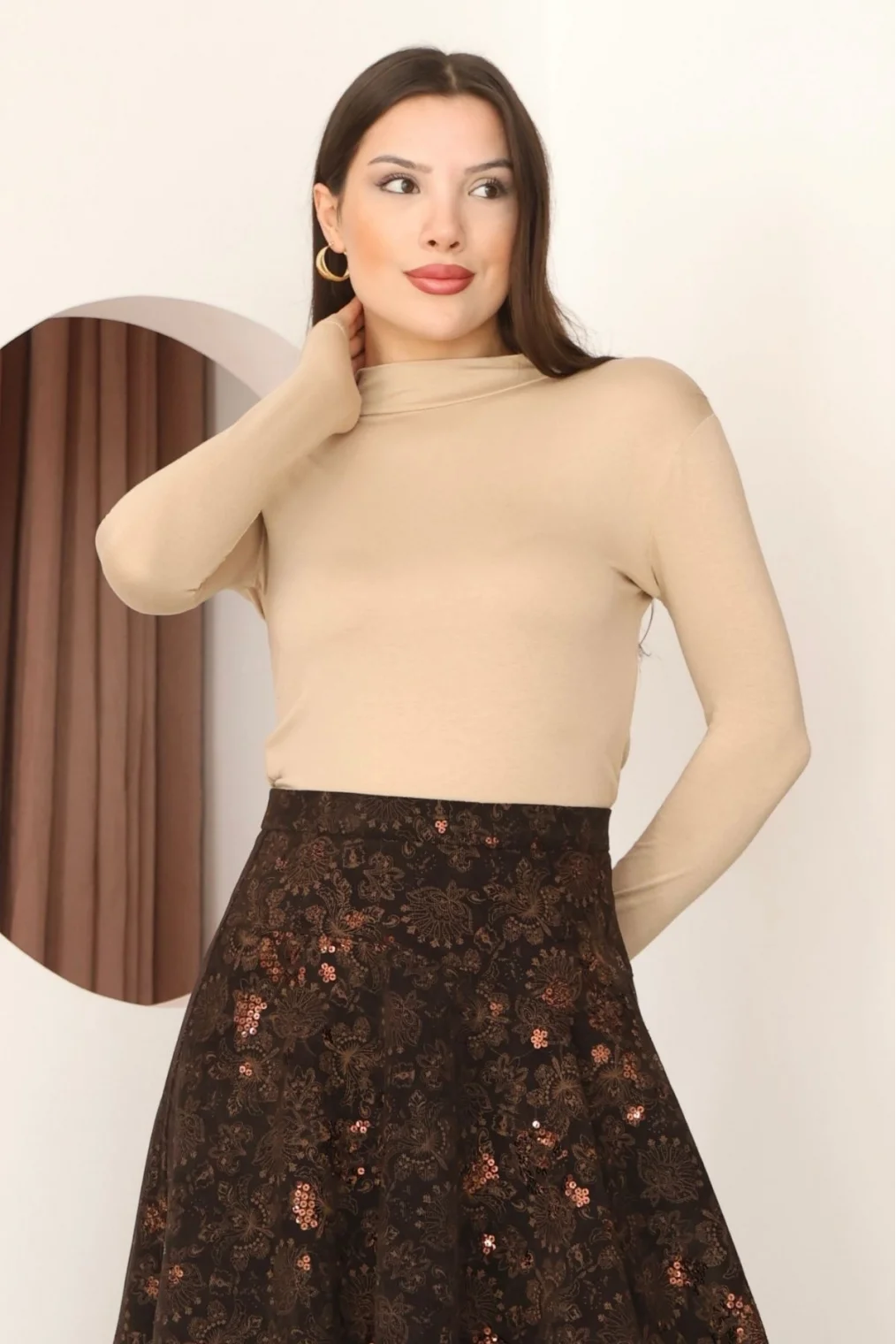 Balıkçı Yaka Likralı Penye Body 5995-Bej