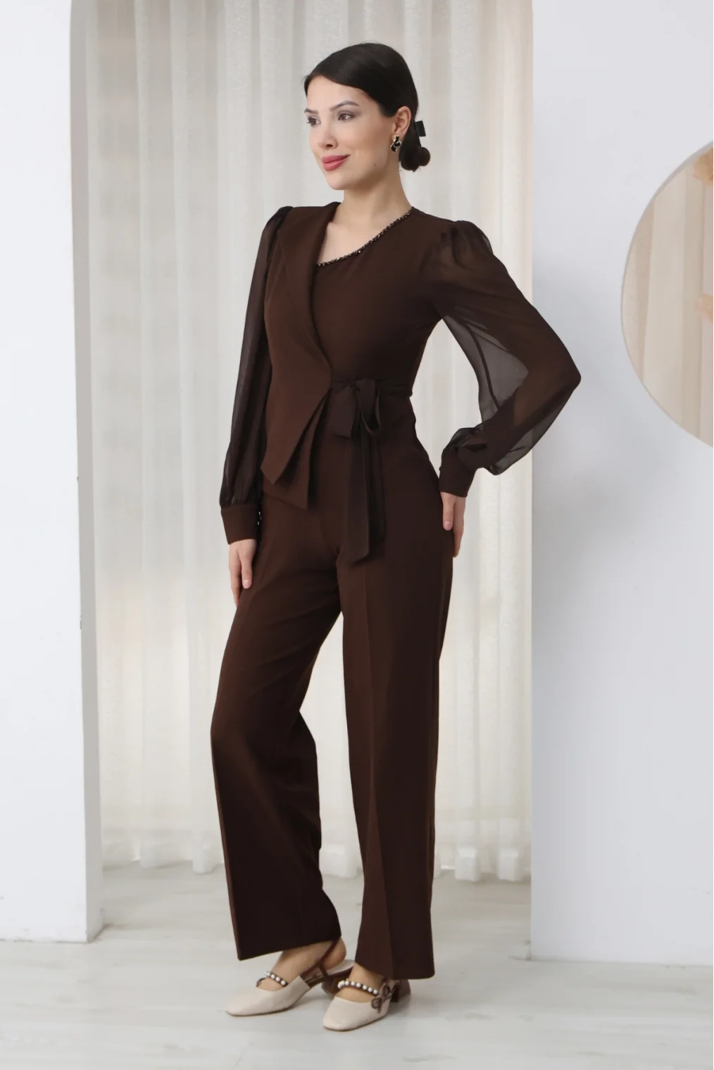 Nursel Ergin Bağlama Detaylı Asimetrik Yaka Tulum 6043-Kahverengi