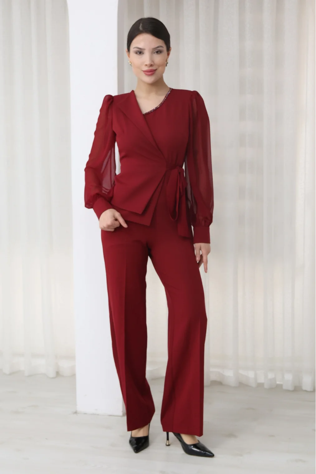 Nursel Ergin Bağlama Detaylı Asimetrik Yaka Tulum 6043-Bordo