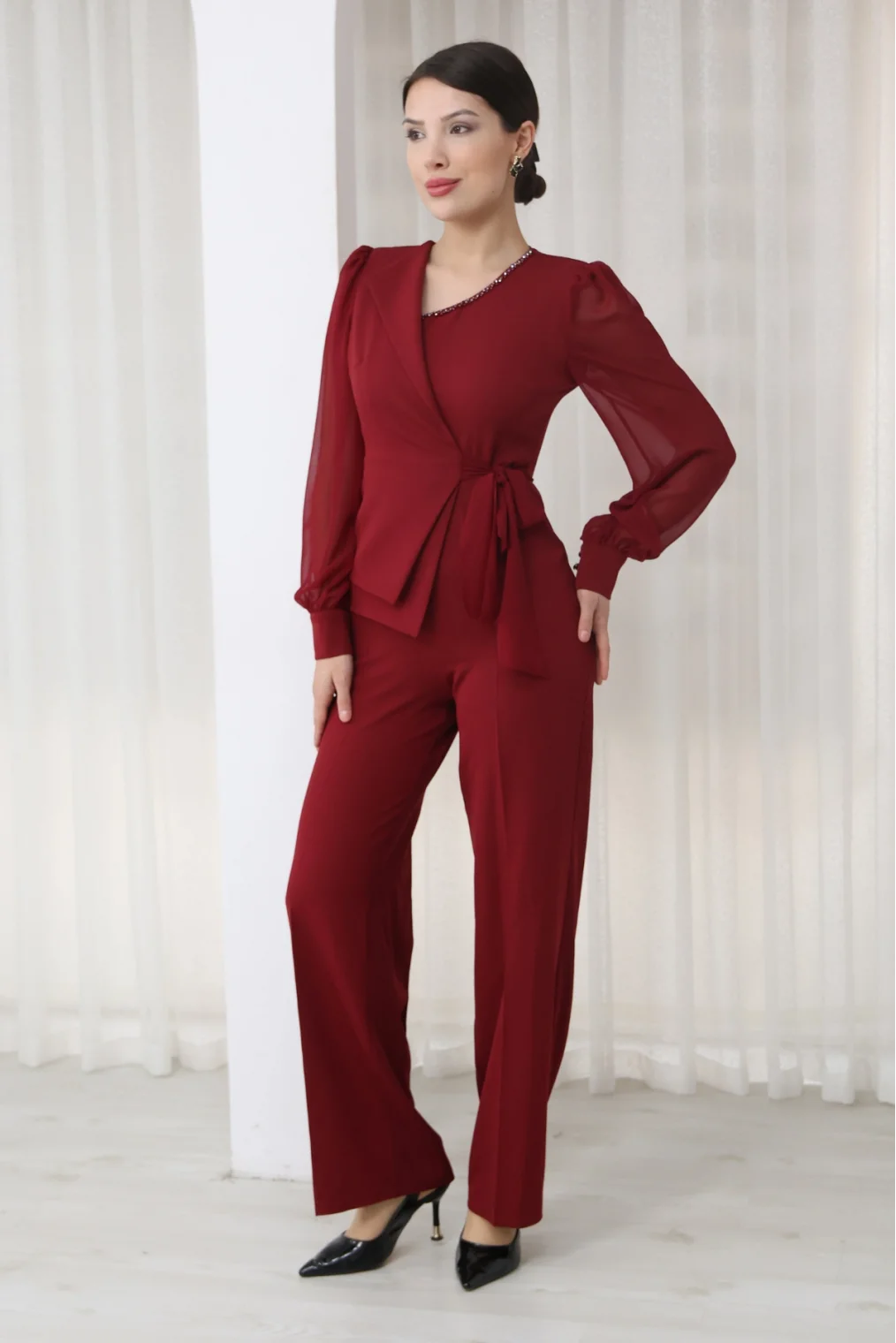 Nursel Ergin Bağlama Detaylı Asimetrik Yaka Tulum 6043-Bordo