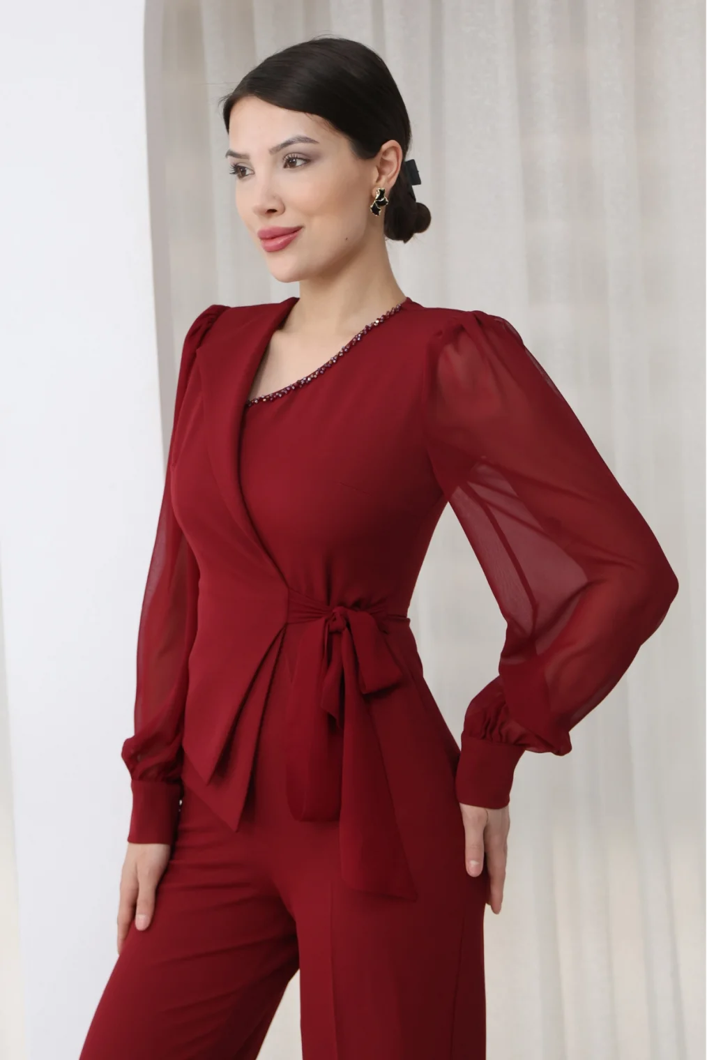 Nursel Ergin Bağlama Detaylı Asimetrik Yaka Tulum 6043-Bordo