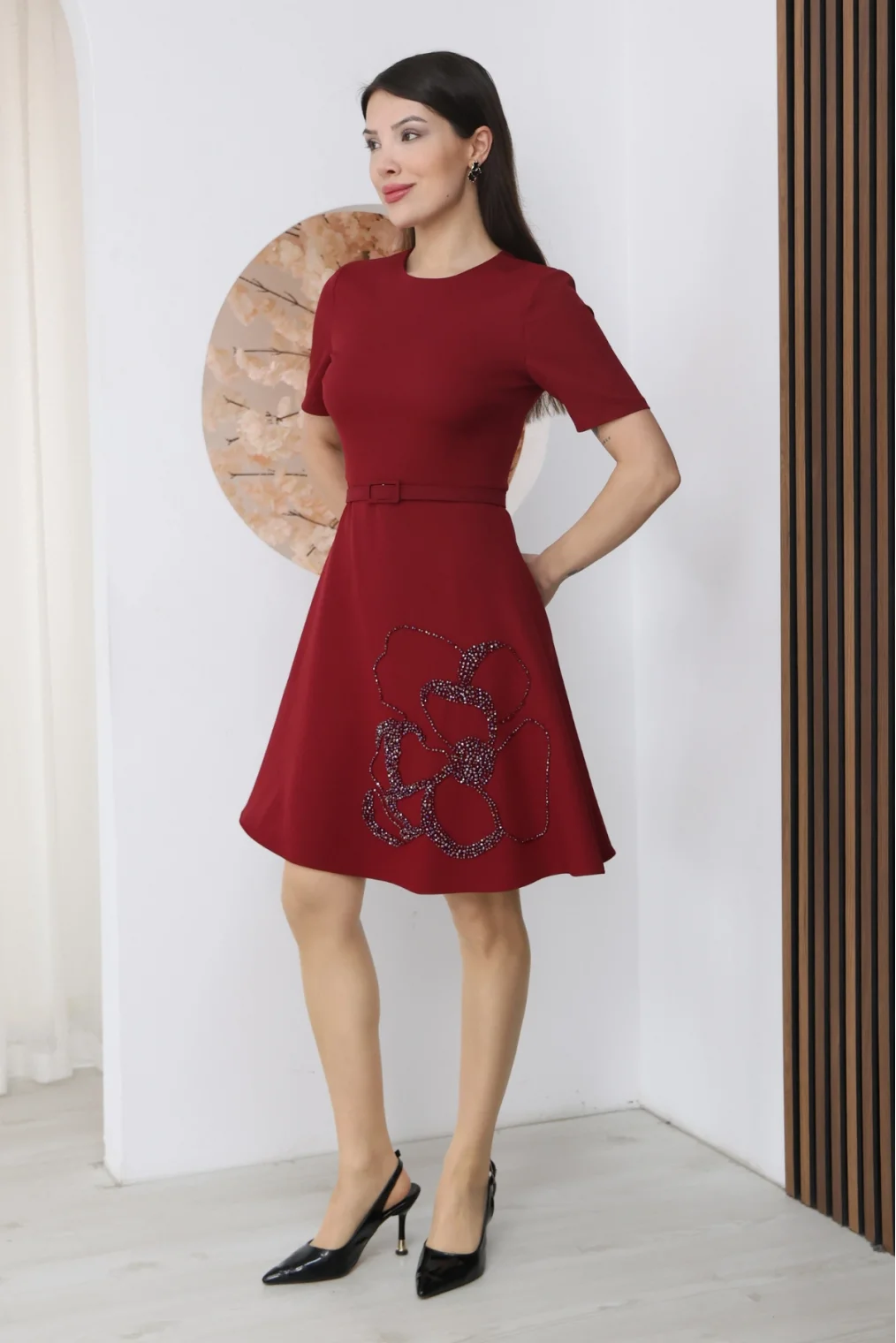 Nursel Ergin İşleme Detaylı Kemerli Elbise 6082-Bordo