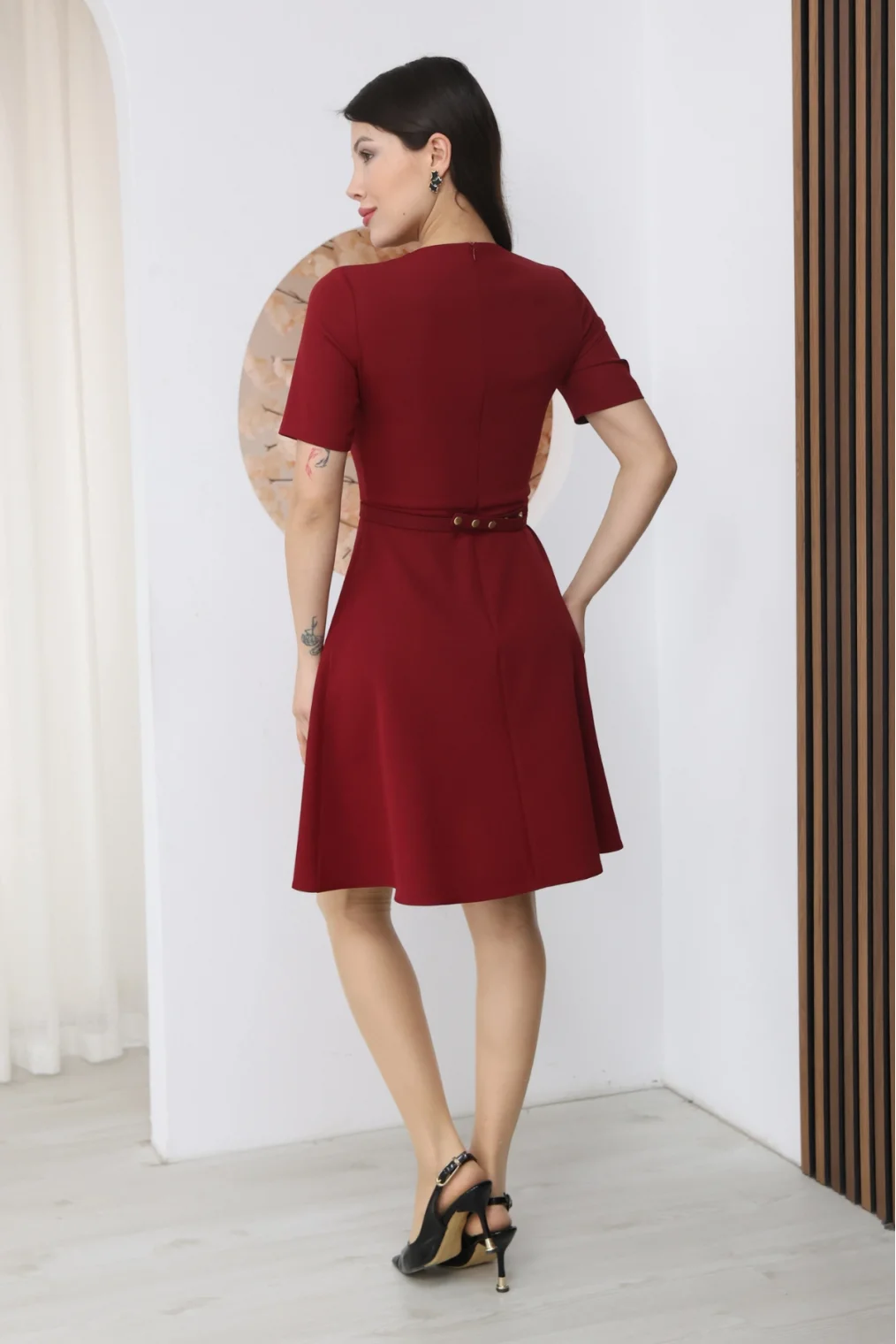 Nursel Ergin İşleme Detaylı Kemerli Elbise 6082-Bordo