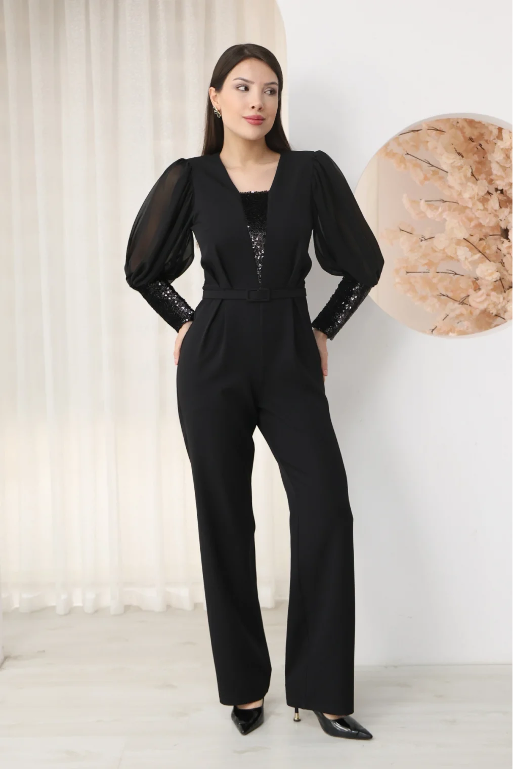 Nursel Ergin Payet Detaylı Abiye Tulum 6056-Siyah