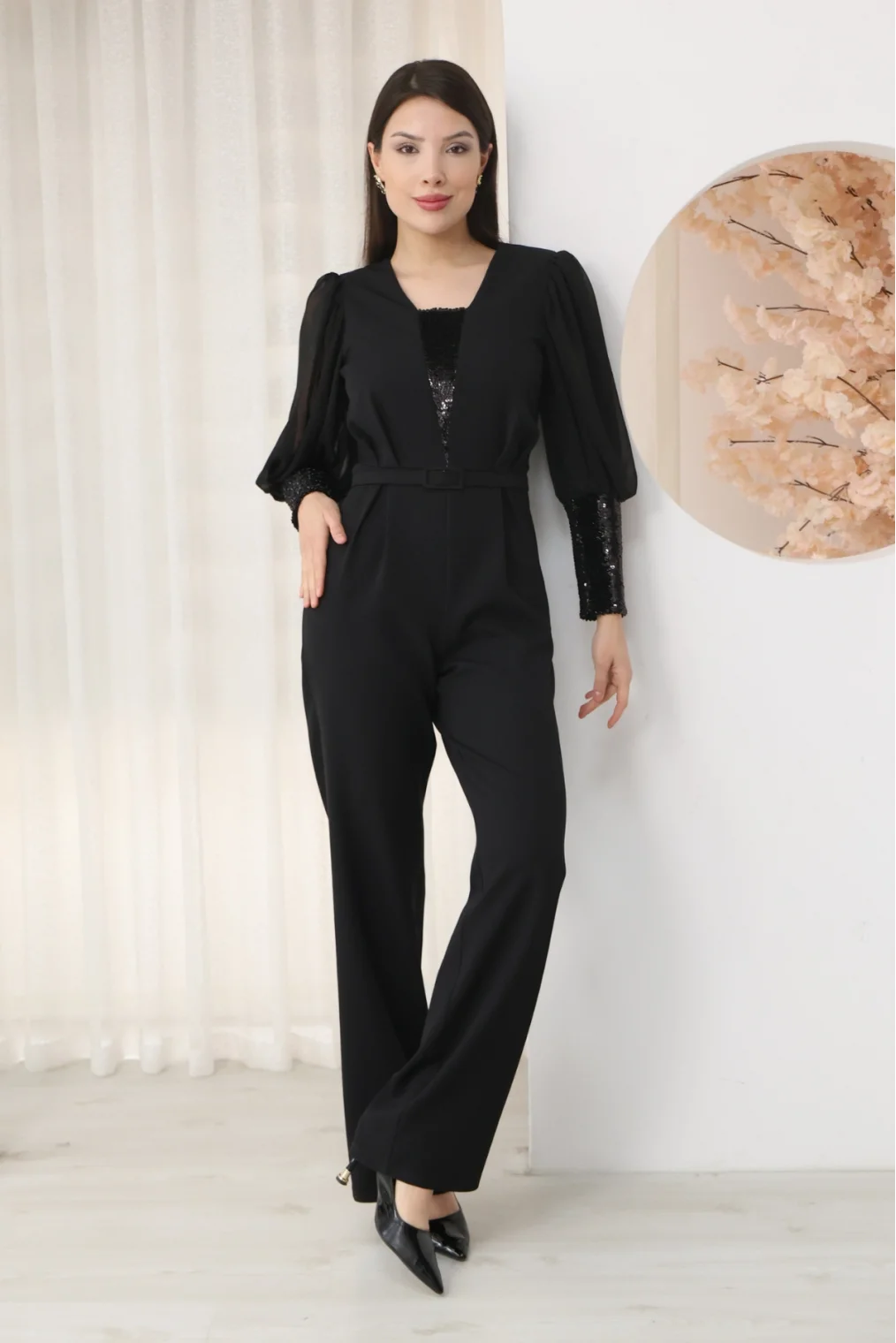 Nursel Ergin Payet Detaylı Abiye Tulum 6056-Siyah