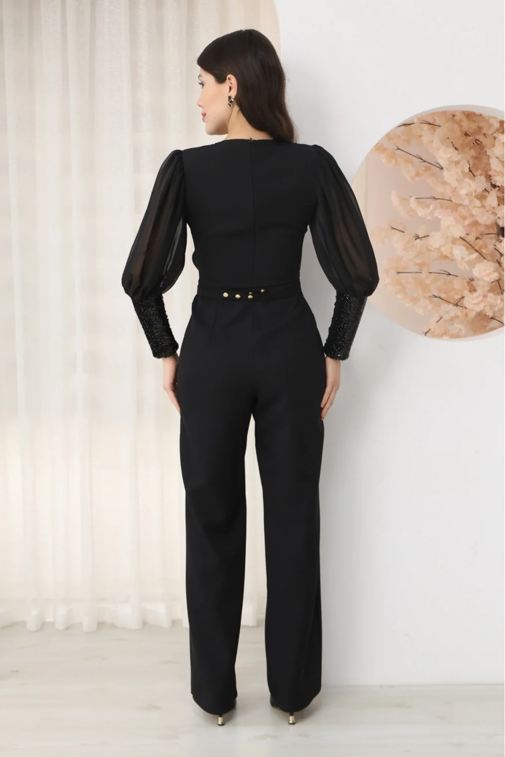 Nursel Ergin Payet Detaylı Abiye Tulum 6056-Siyah