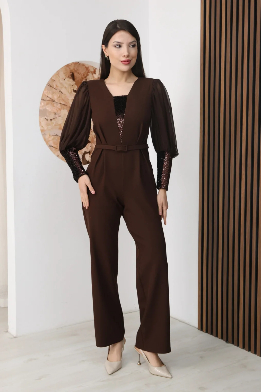 Nursel Ergin Payet Detaylı Abiye Tulum 6056-Kahverengi