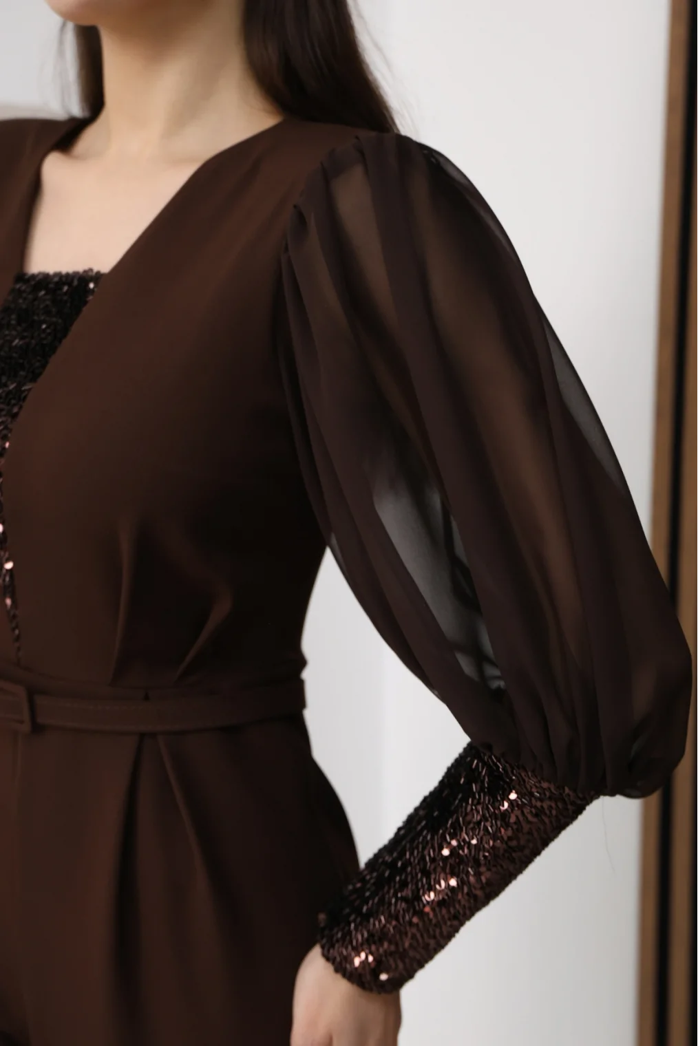 Nursel Ergin Payet Detaylı Abiye Tulum 6056-Kahverengi