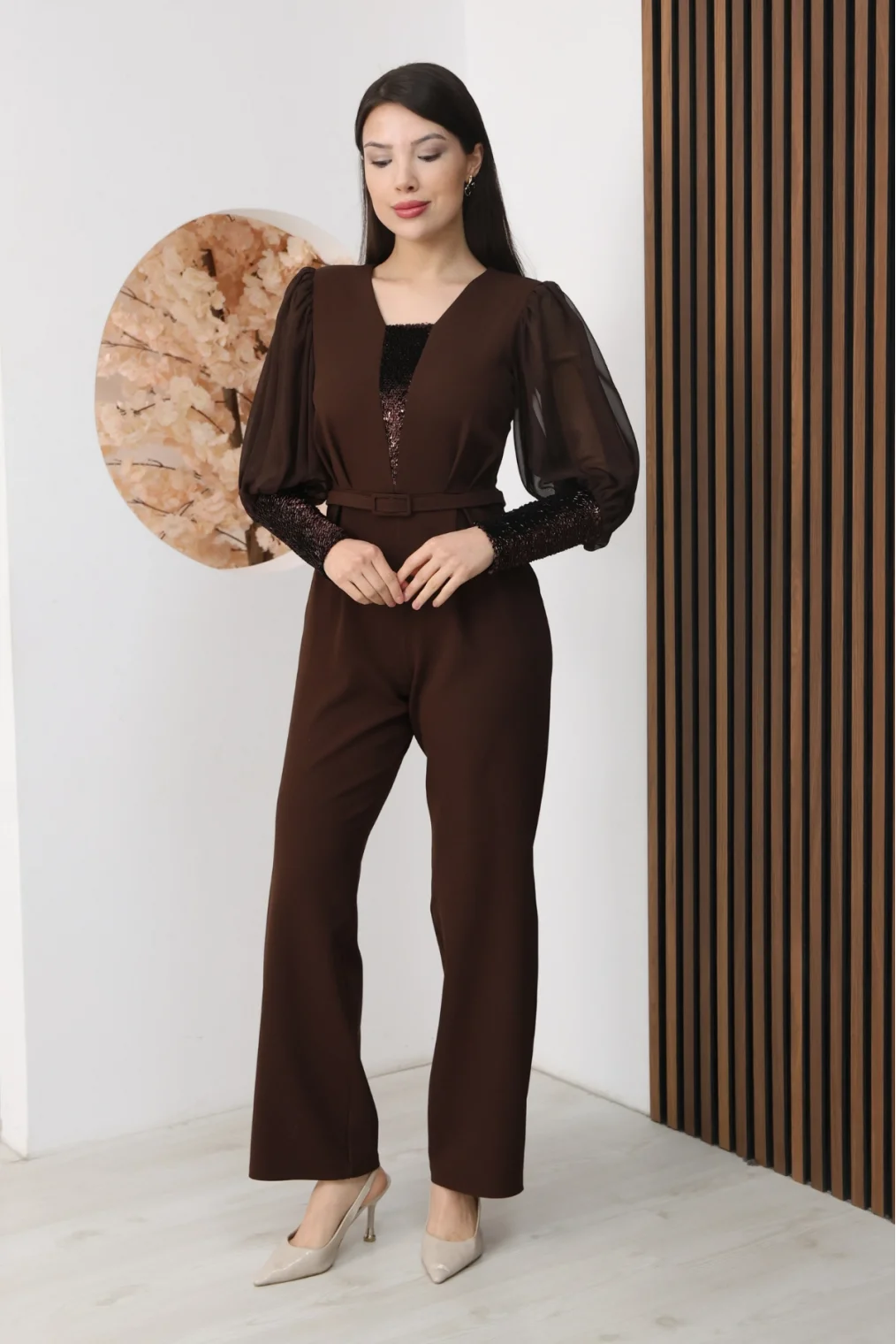 Nursel Ergin Payet Detaylı Abiye Tulum 6056-Kahverengi