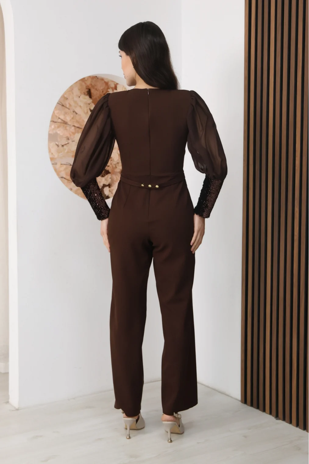 Nursel Ergin Payet Detaylı Abiye Tulum 6056-Kahverengi